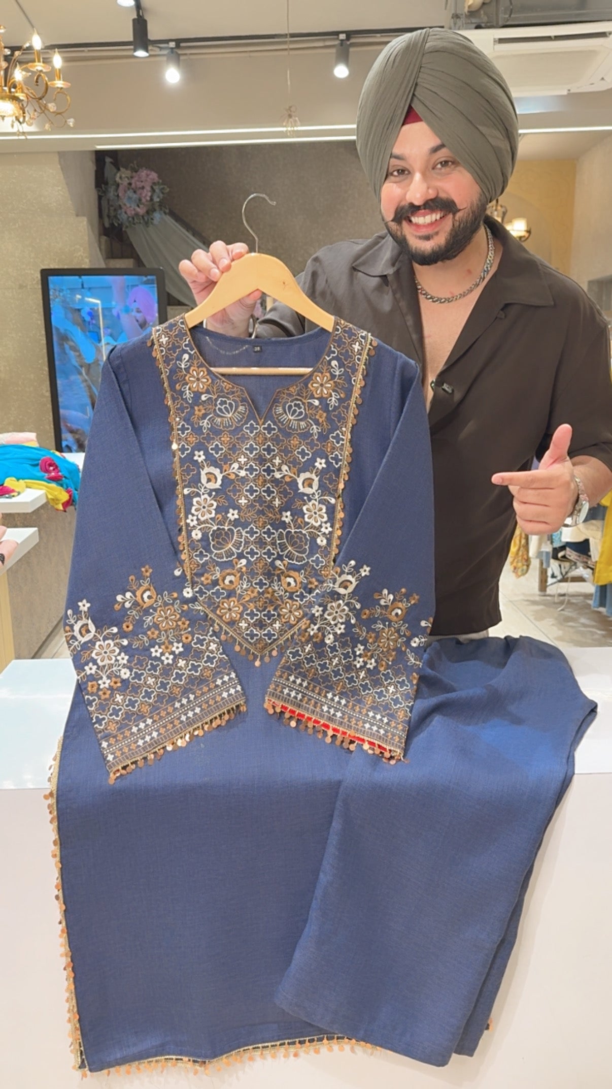 Blue Soft Denim Long Length Coord set with Beautiful Embroidery Work On Neck & Sleeves