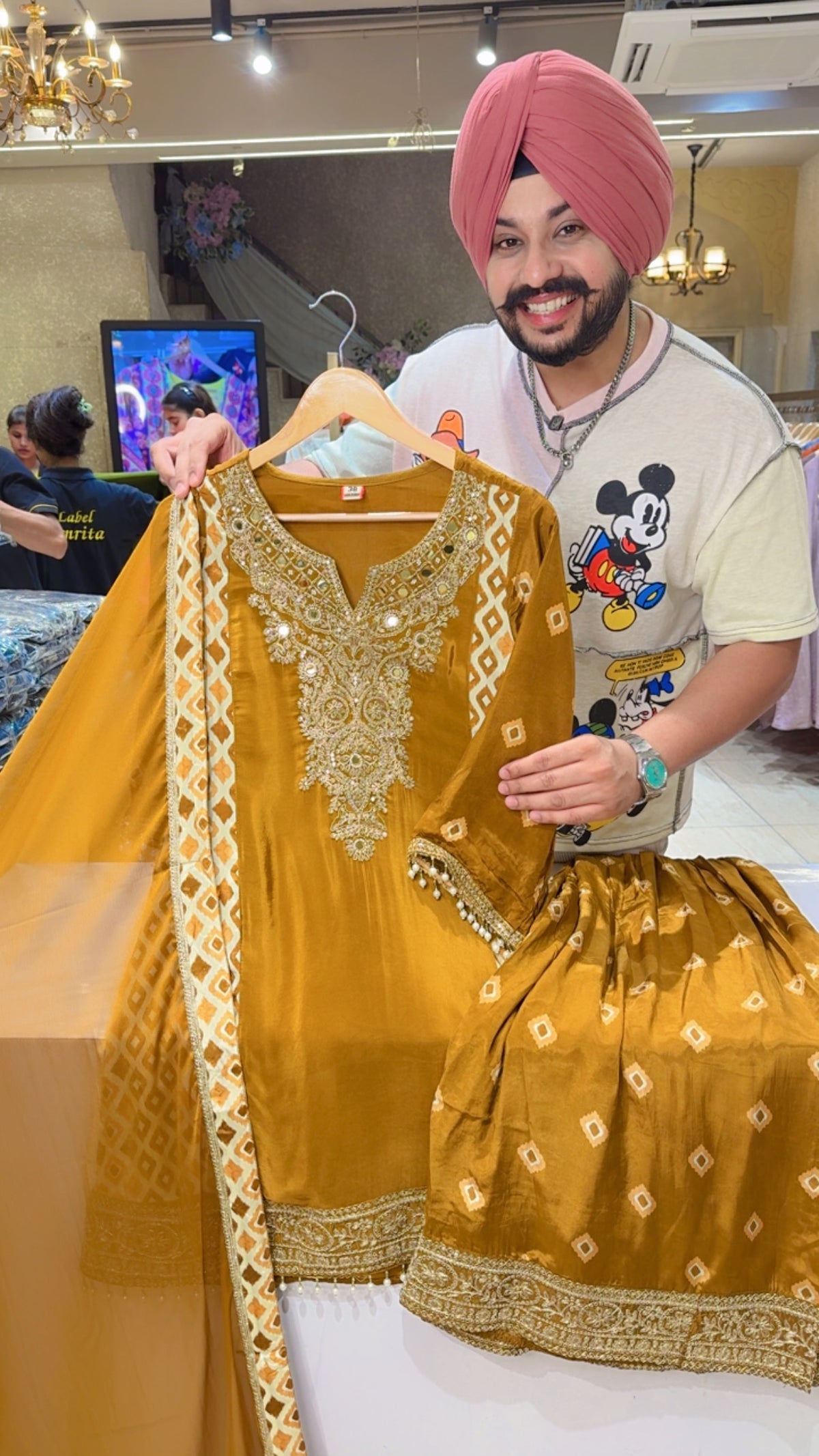 Goldenish Musturd Crepe Embroidered A-line Full Flair Plazo Suit