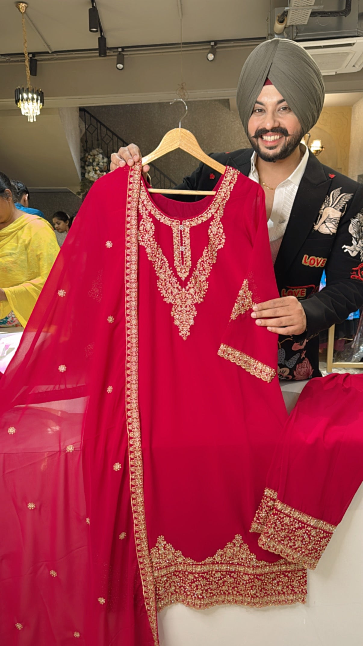Rani pink Georgette Heavy Embroidered & Swarovski Work Straight Suit with Beautiful Duppata