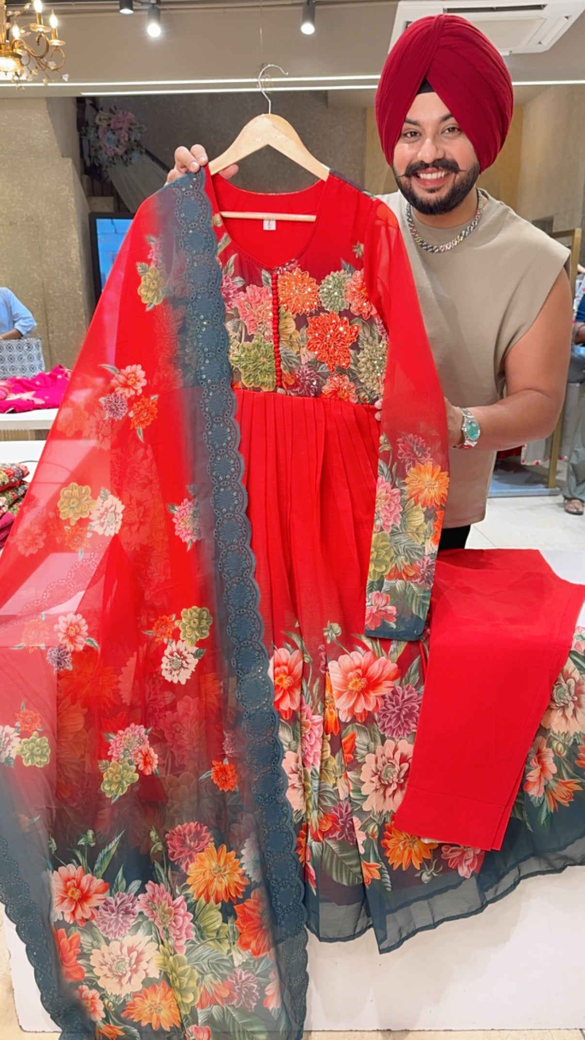 Red Chiffon Full Flair Floral Print Anarkali Suit with Beautiful Hand embroidery Work on neck & Sequins Work Organza Duppata