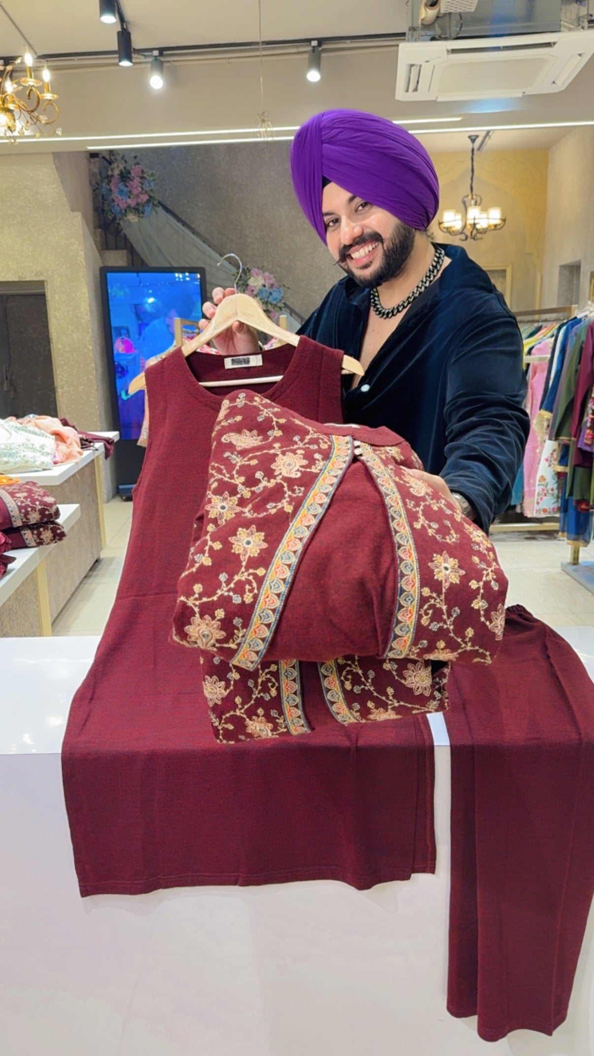 Maroon Woolen Long Length Coord set with Heavy Embroidered Shrug