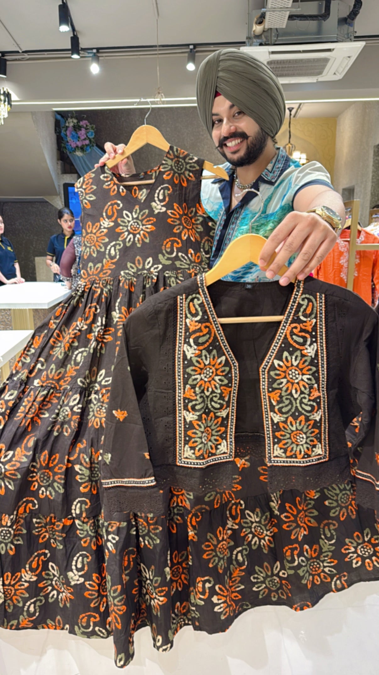Coffee Pure Cotton Batik Print Indo Western Dress with Embroidered Short Jacket
