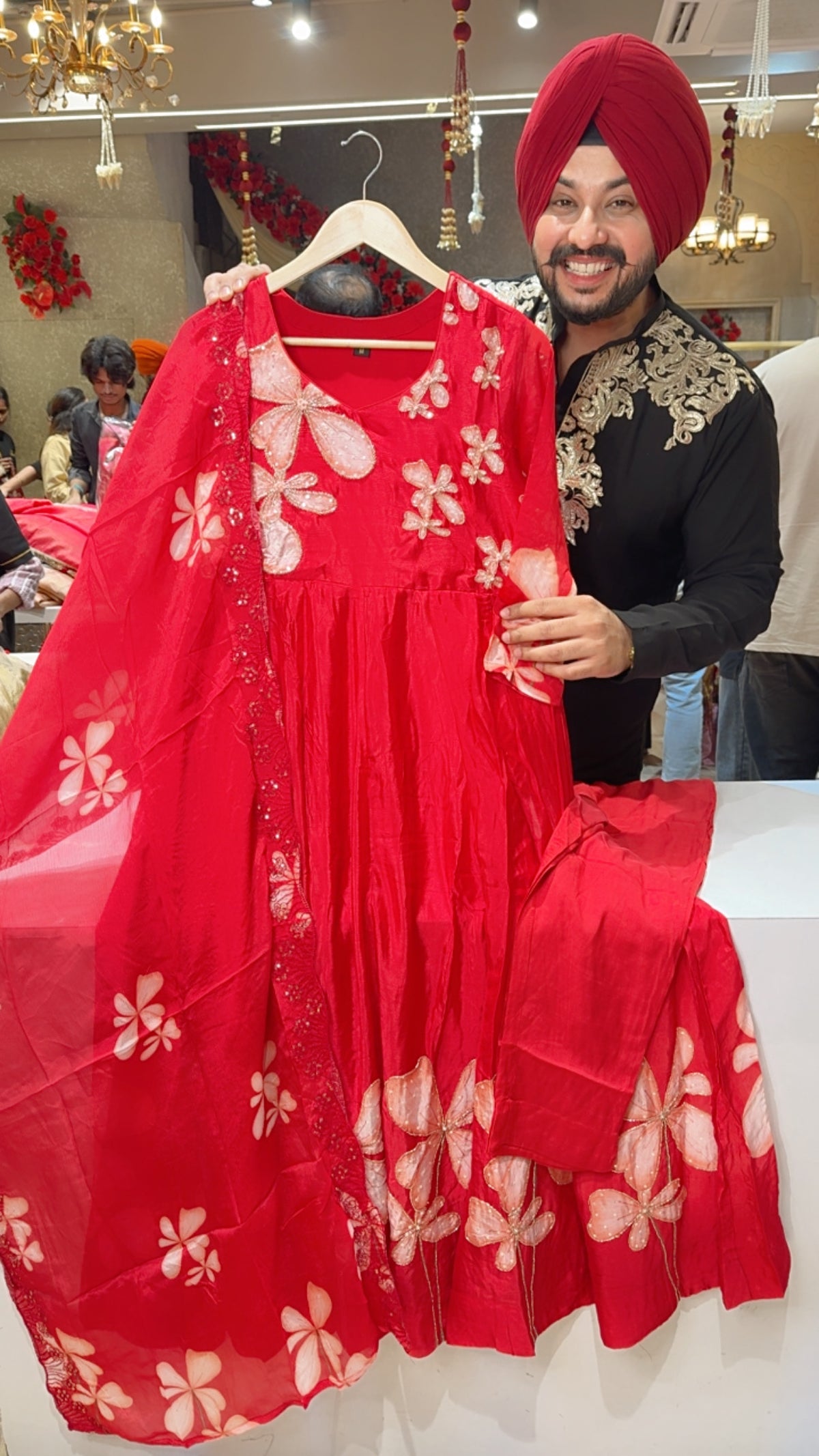 Tomato Colour Chinon Floral Print Hand Embroidered Full Flair Anarkali Suit