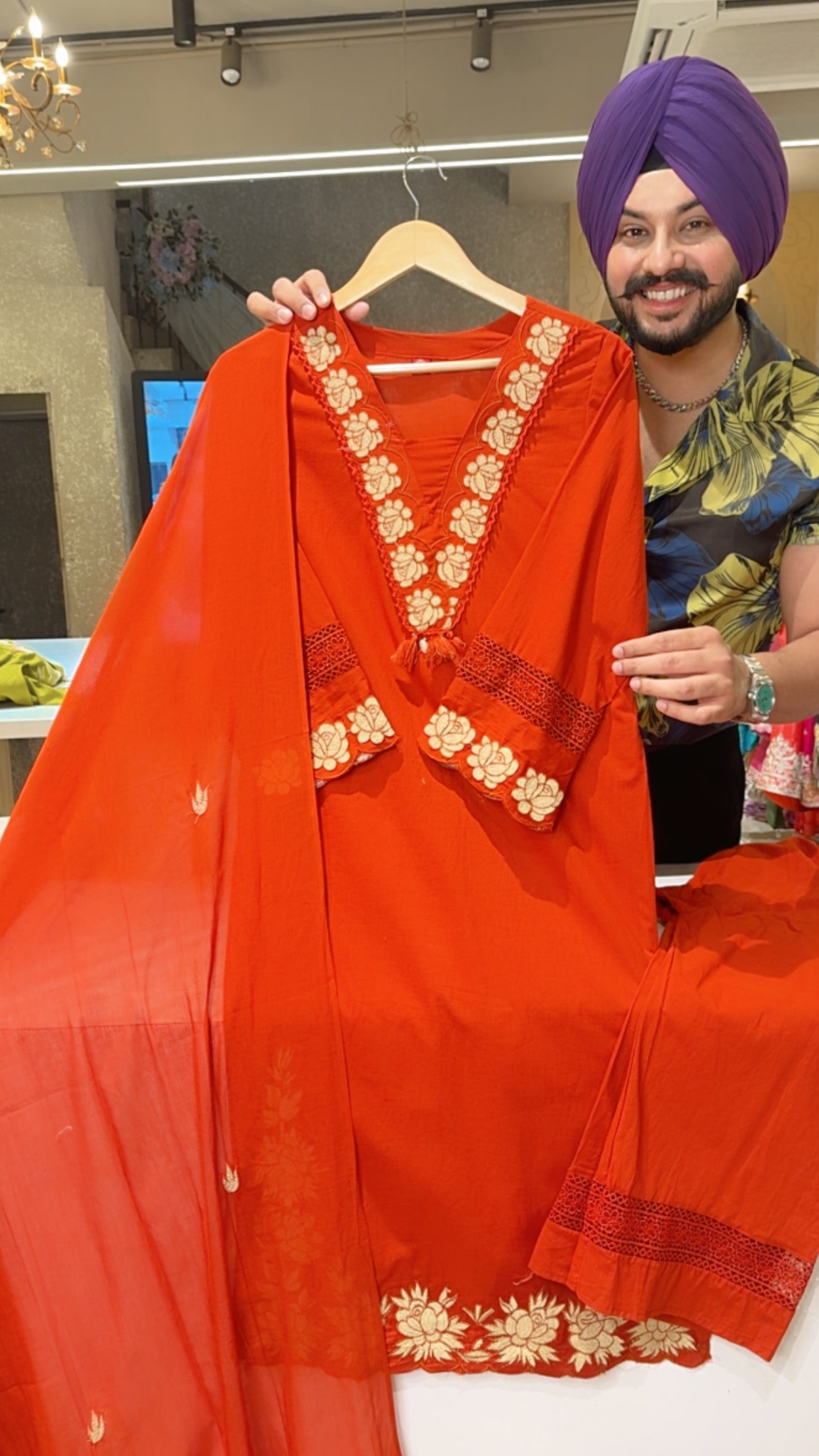 Rusty orange Pure Cotton Embroidered Semi formal Kashmiri Suit with Embroidered Mal Cotton Duppata