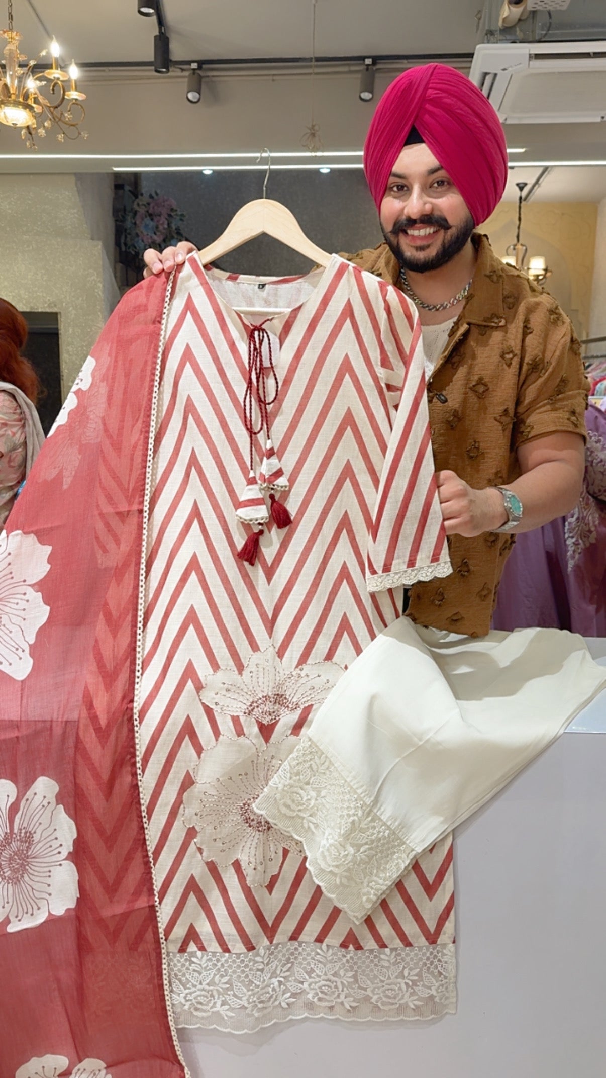 Cream & Deep Rust Geometrical Print Embroidered Straight Suit With Beautiful Floral Print Duppata