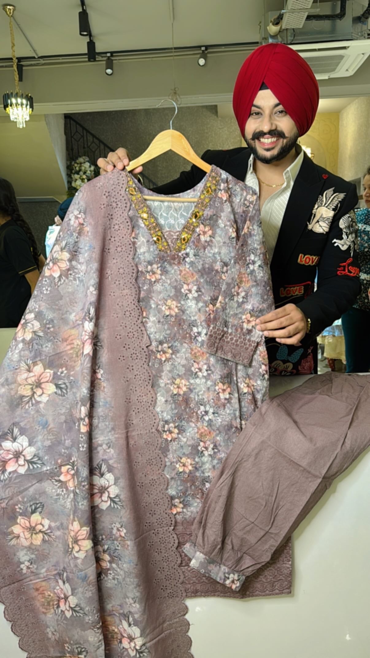 Floral Print Self embroidered Office Wear Suit with Hand embroidery Work on neck