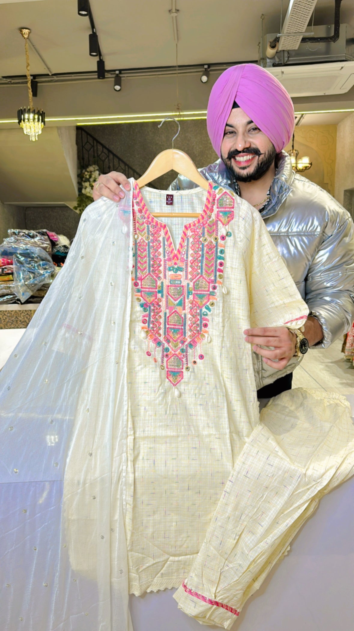 Cream Pure cotton Apple Cut Indo western suit with Beautiful embroidery work on neck
