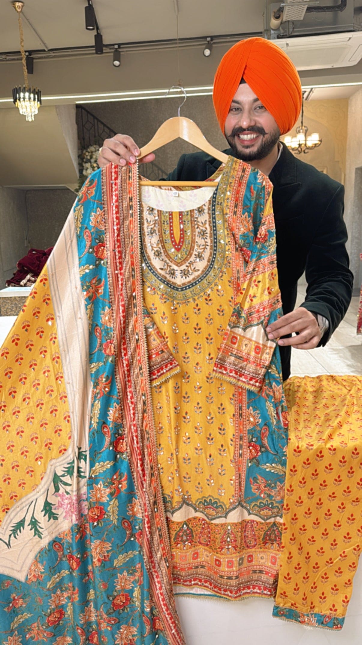 Yellow Premium Velvet mirror Work Digital Print Straight Suit with Heavy Duppata