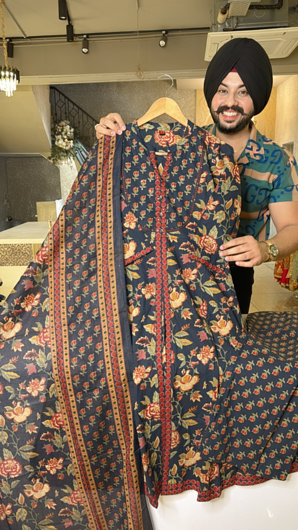 Navy Blue Pure Cotton Front Slit A-line Suit with Beautiful Duppata