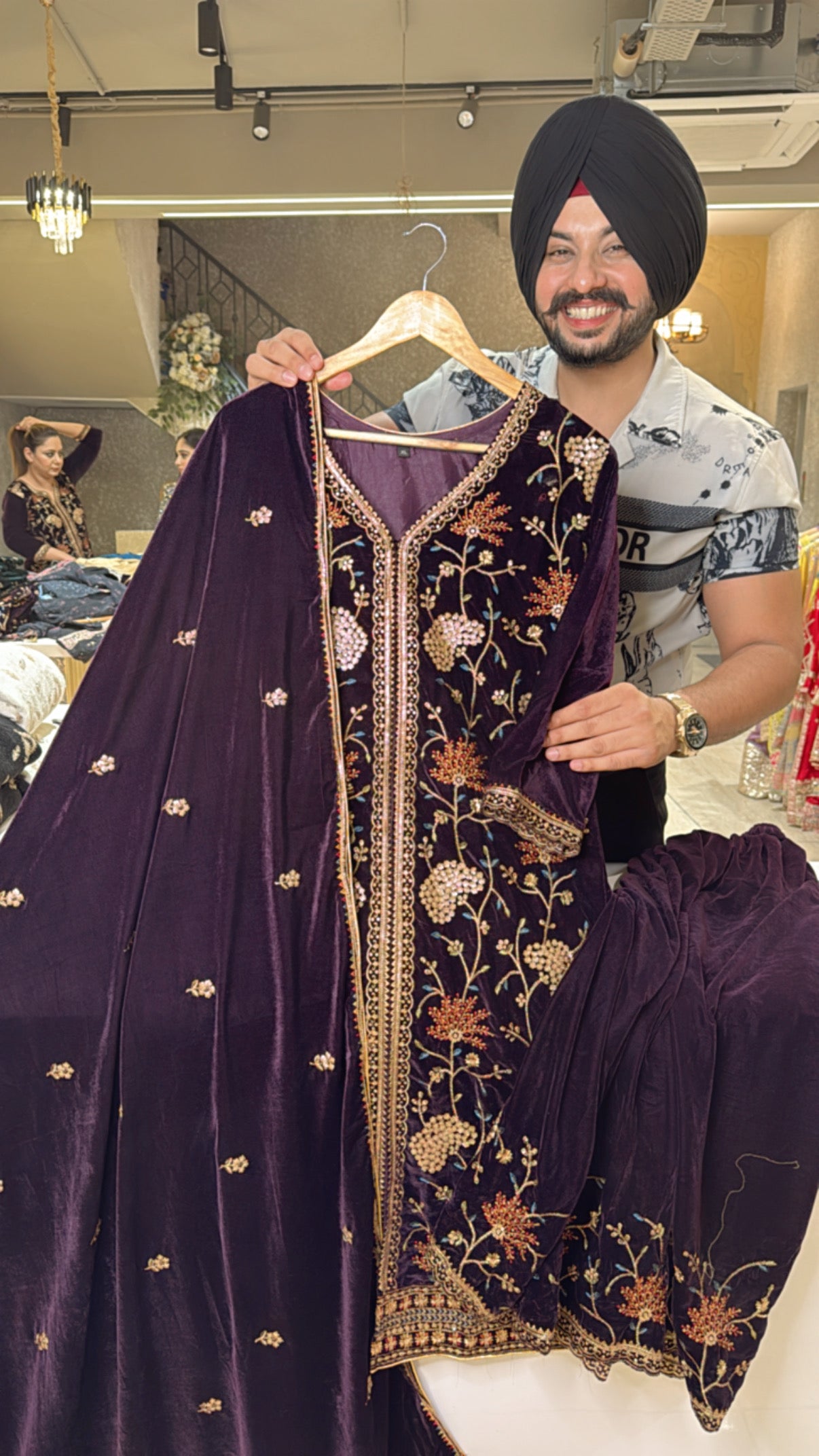 Wine Velvet Heavy Embroidered Front & side Slit Azaaro set with Beautiful Duppata