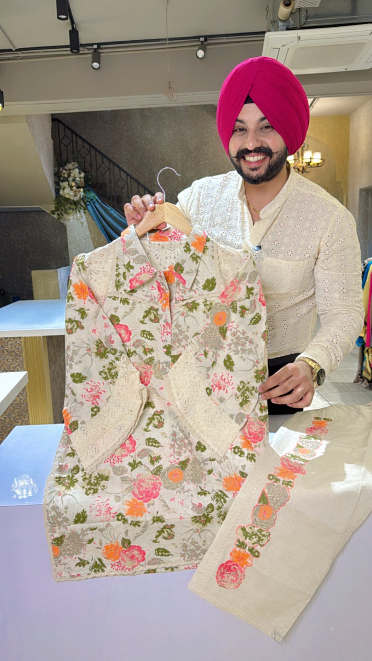 Off White & Multicolored Soft Khaadi Collar Neck Coord set with Crochet Lace on sleeves & Back