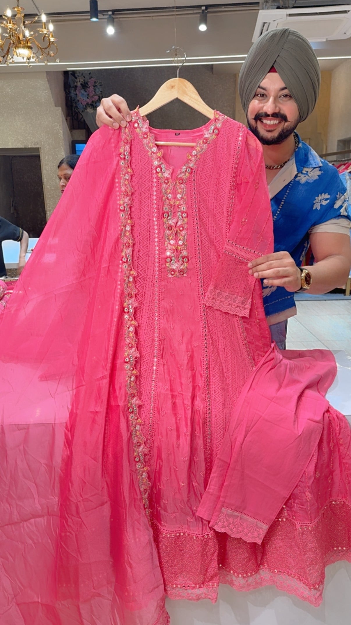 Rose Pink Soft Organza Heavy embroidered & Crochet Work full Flair Anarkali Suit