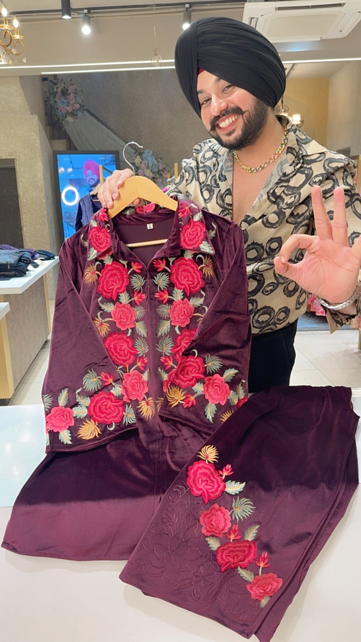 Wine Premium Strechable Velvet Heavy Embroidered Party Wear Coord set