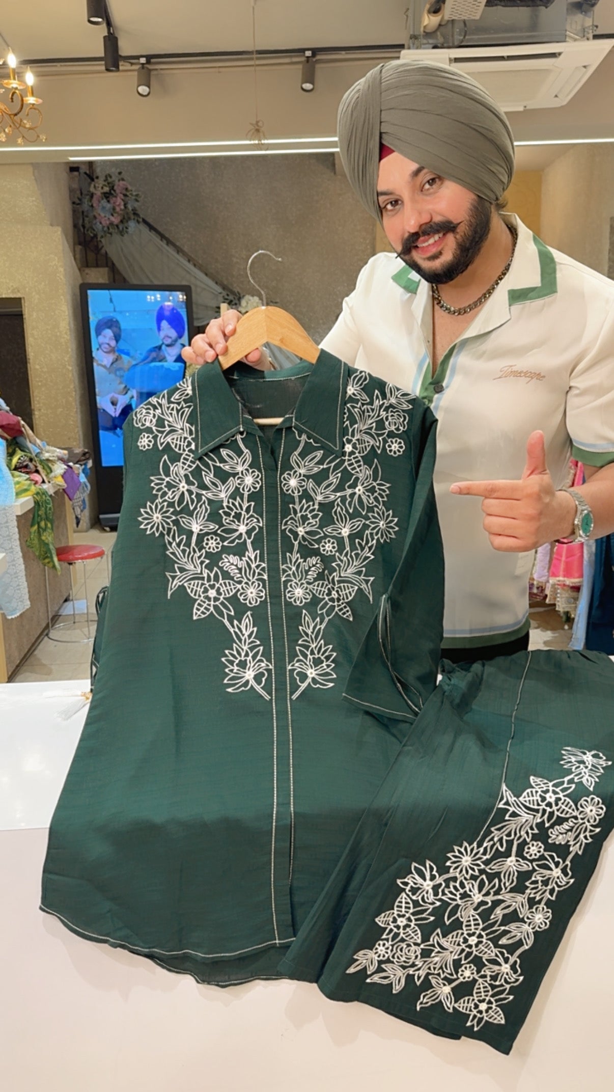 Dark Green Imported Fabric Fully Embroidered Semiformal Coord set