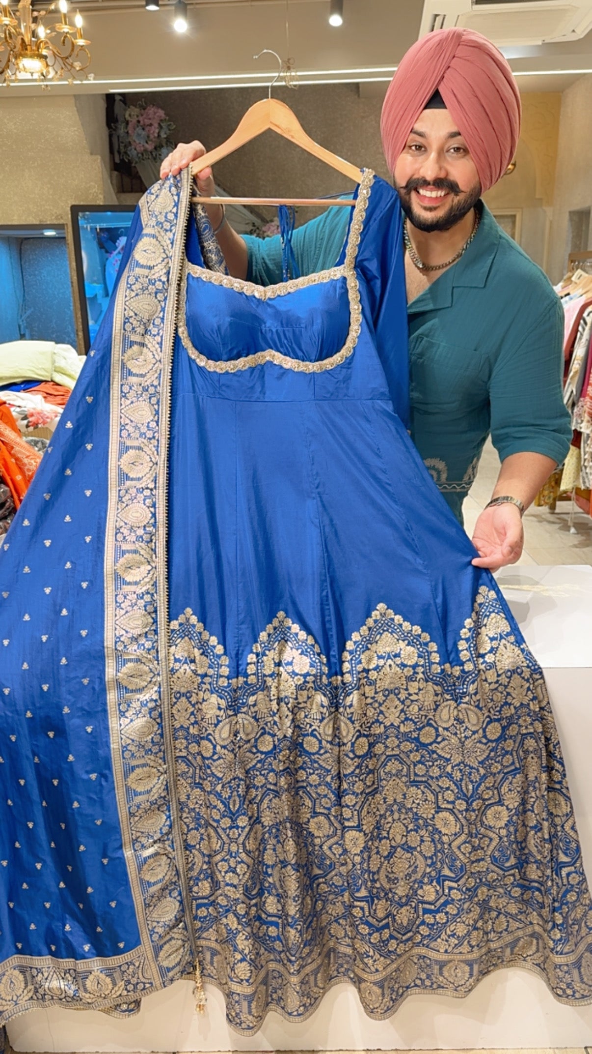 Royal Blue Brocade Silk Hand embroidered Semi Backless Party Wear Gown