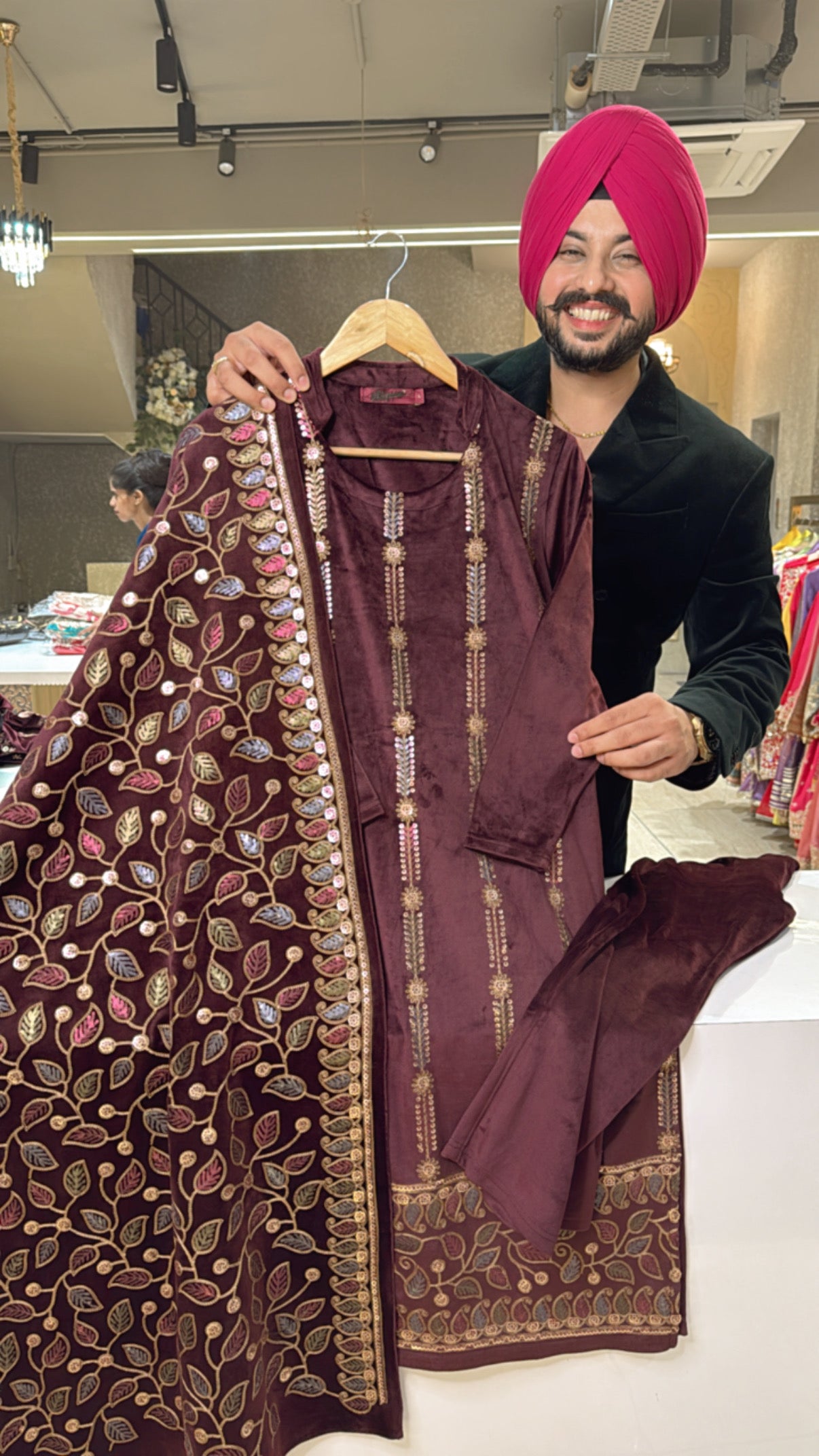 Maroonish wine Heavy Strechable velvet Suit with Fully Embroidered Duppata