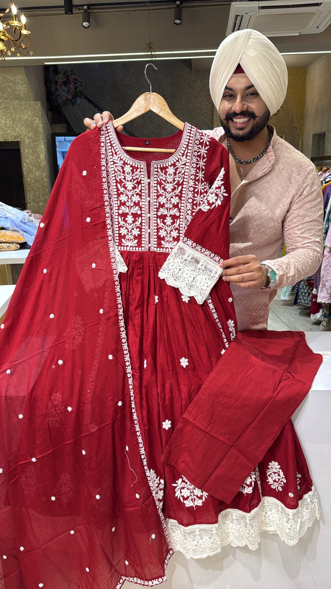 Anaari Red Mal Cotton Fully embroidered Front Gattering Anarkali Suit
