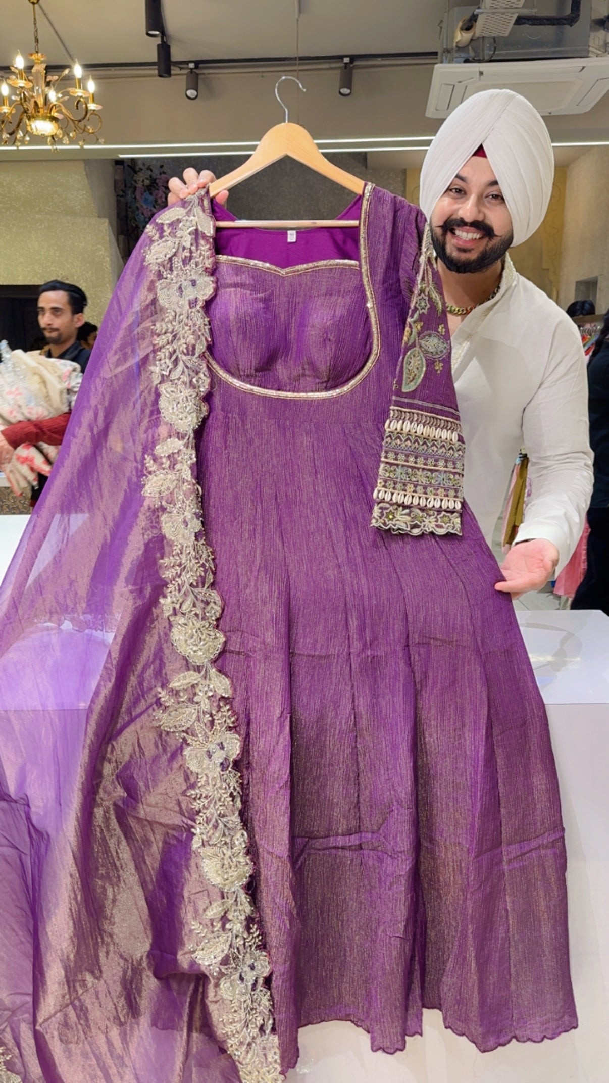 Purple Crush Shimmer Tissue Full Flair Padded Anarkali Gown With Heavy Hand Embroidery Work On Sleeves & Duppata