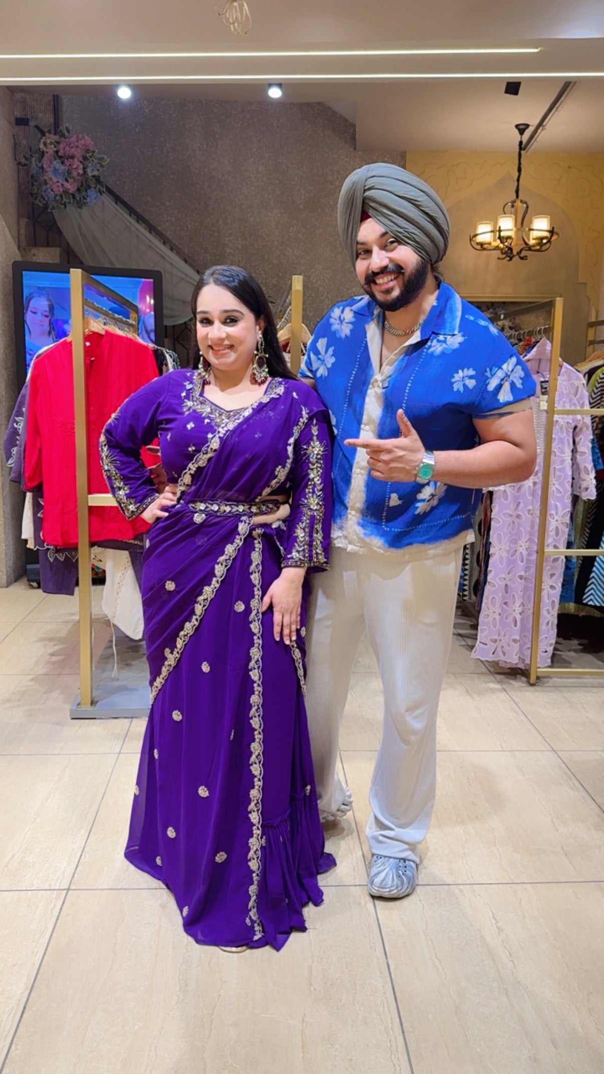 Purple Georgette Hand embroidered Drape Crop set