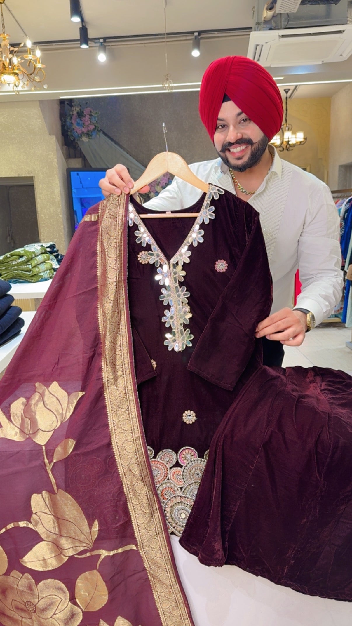 Wine Velvet Mirror & Heavy Hand Embroidered Indowestern Suit with Banarasi look Duppata