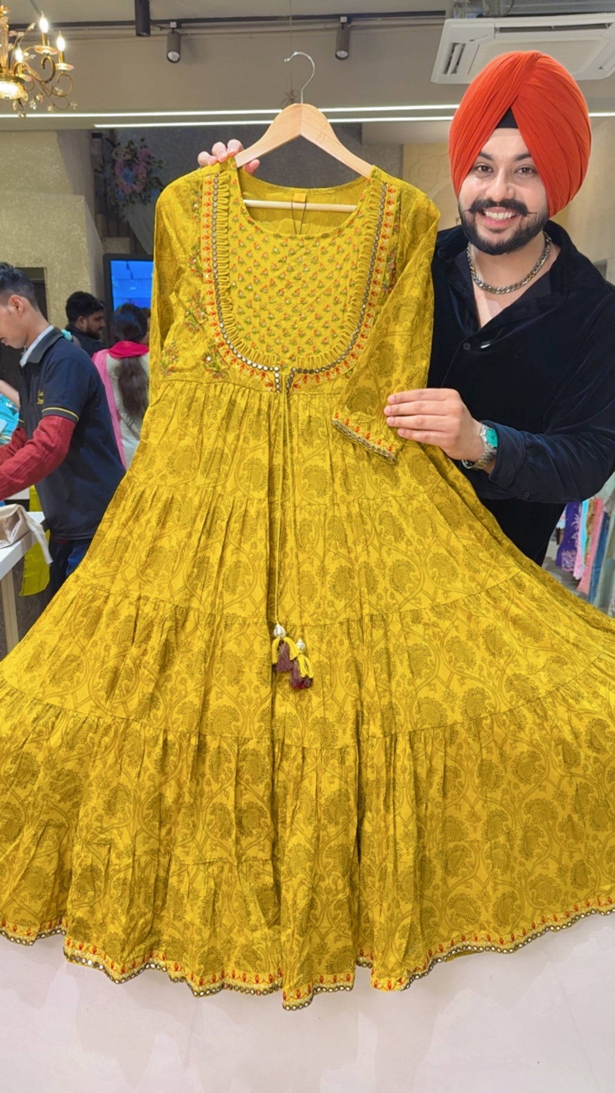 Mustard Yellow Pure Cotton Designer Neck Full Flair Indowestern Anarkali Gown