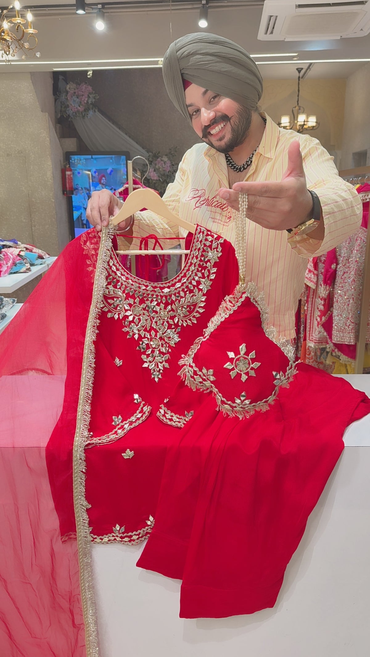Red Chinon Beautiful Gotta & Mirror Work Farshi Suit with Stylish Potli