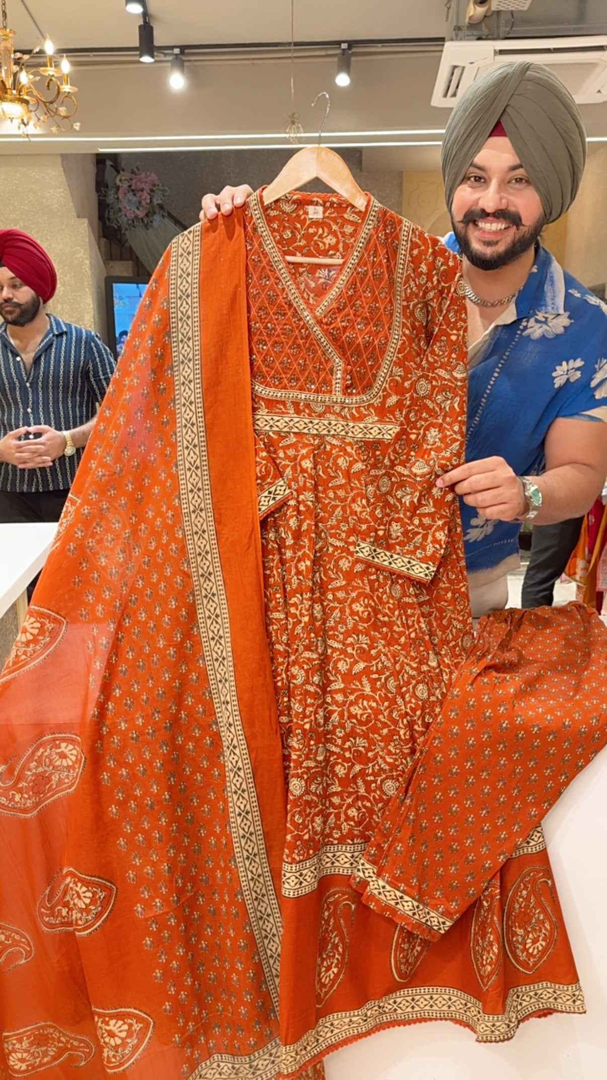 Rust Pure Cotton Full Flair Office wear Anarkali Suit with Hand embroidery Work on neck