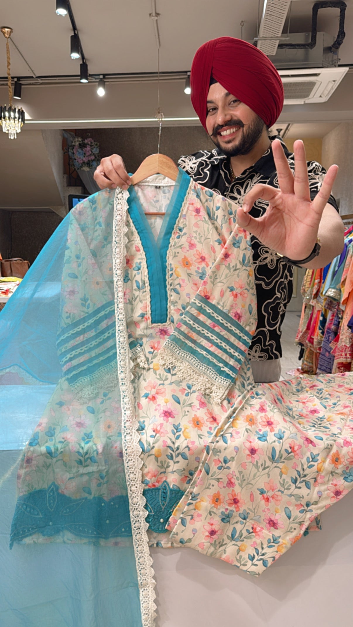Firozi & Lenin Floral print Farshi Salwar Indo Western suits with Beautiful Organza Duppata