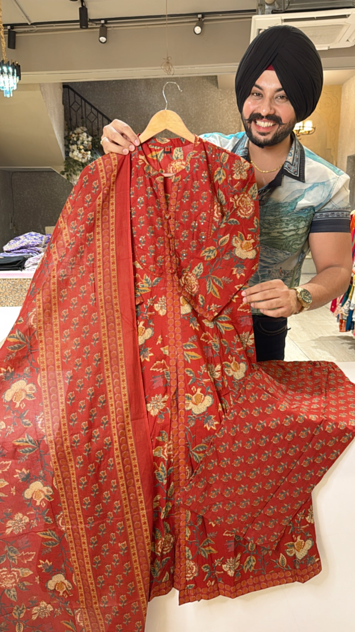 Reddish Maroon Pure Cotton Front Slit A-line Suit with Beautiful Duppata