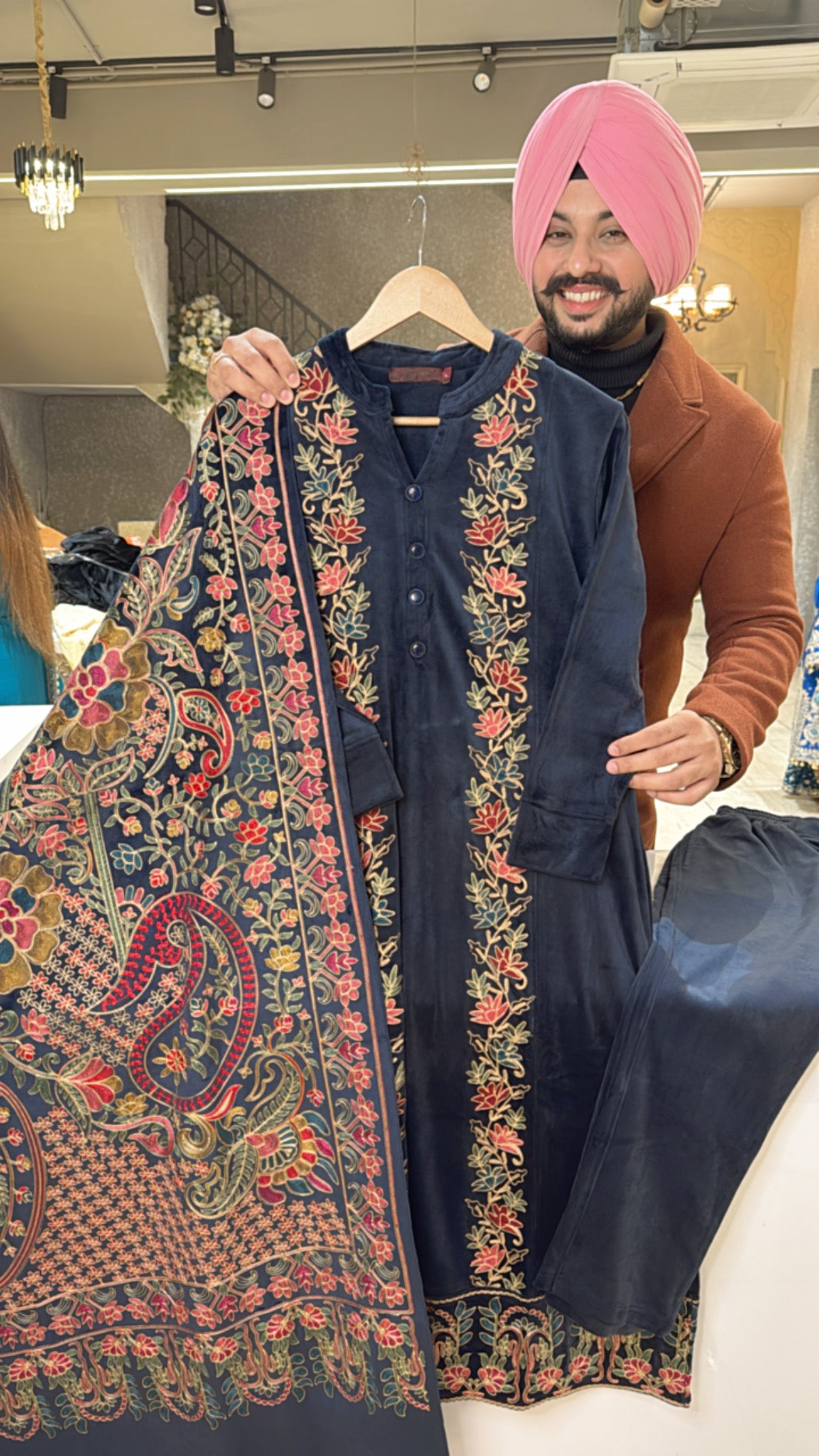 Blue Fully Strechable velvet embroidered A-line Suit with Heavy Duppata