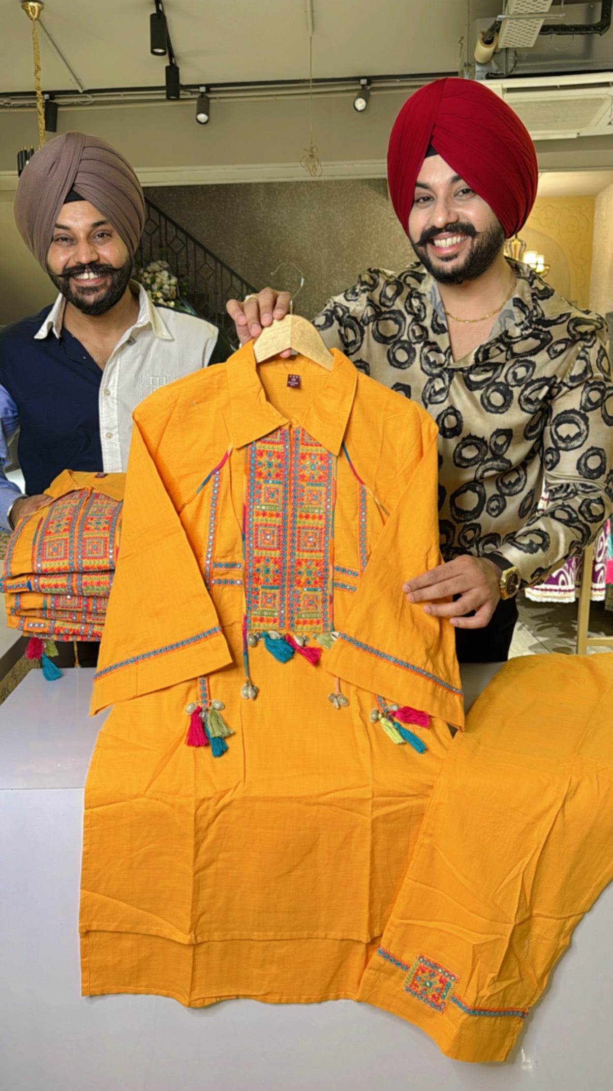Orangish Yellow Cotton Collar Neck Coord set with Embroidery Work on neck & Pants