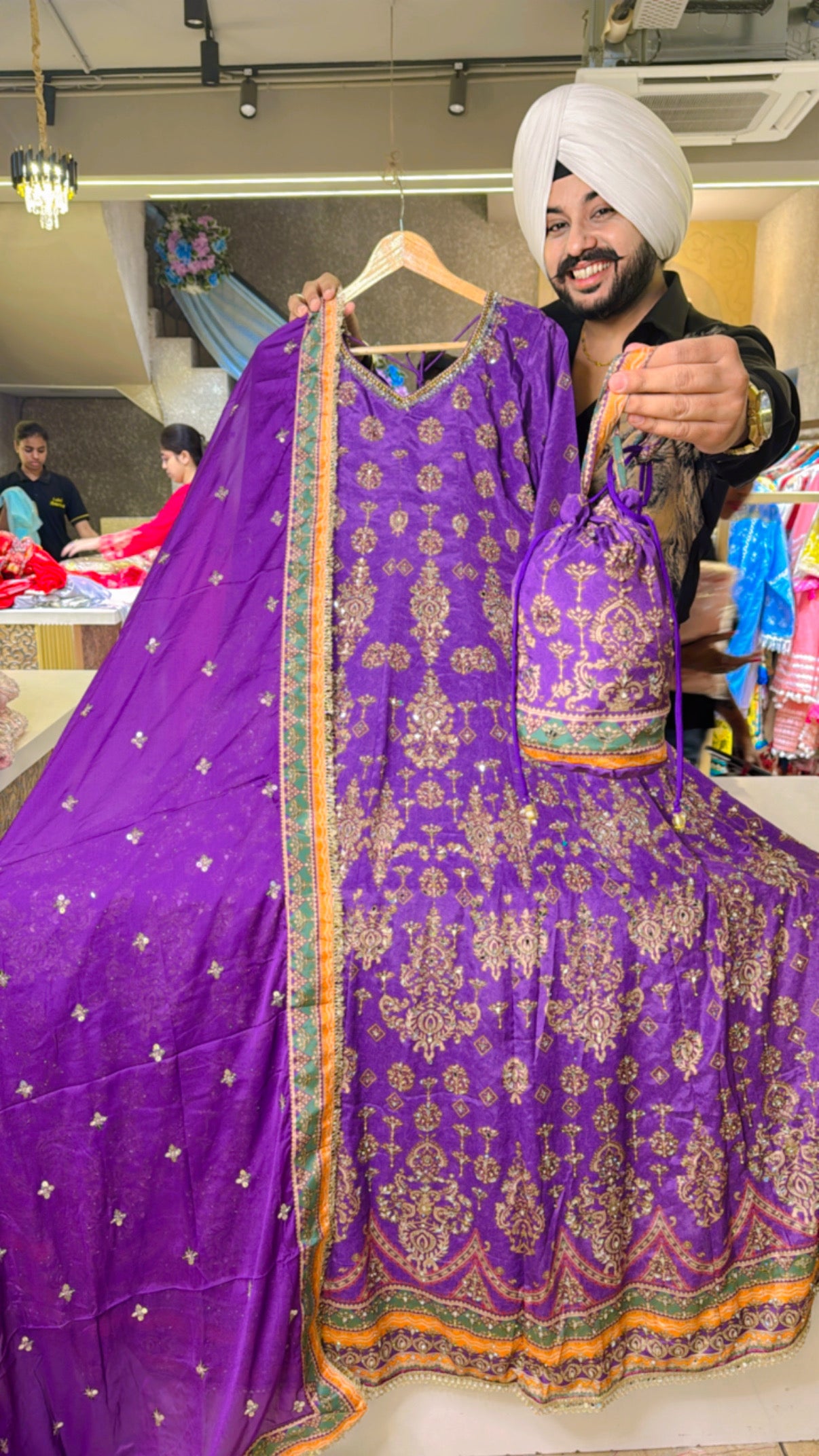 Purple Crepe Heavy Mirror Pasting Anarkali Gown with Cute Potli & beautiful Duppata