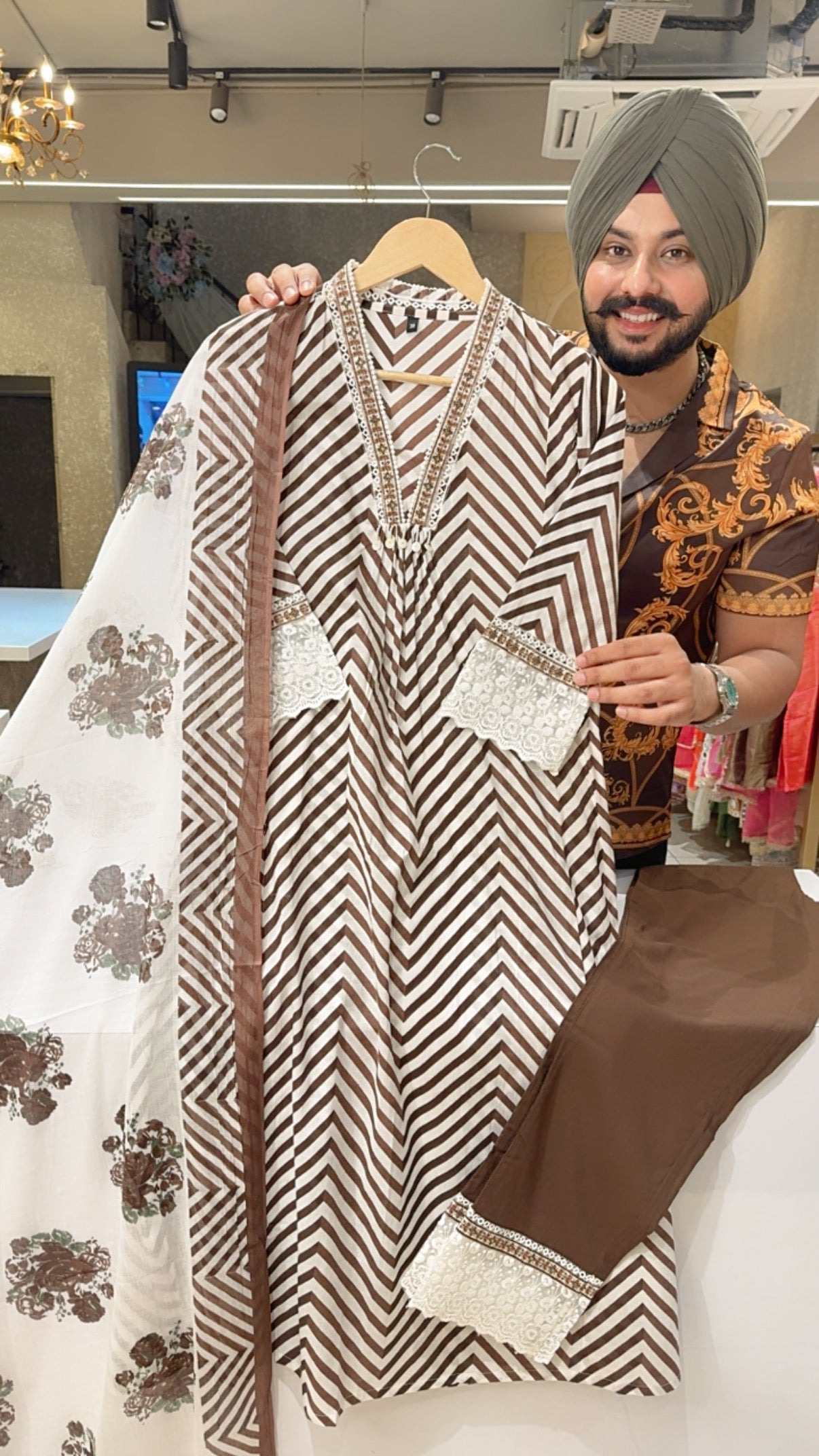 Chocolate Brown Pure Cotton A-line Office Wear Suit with Sleek Embroidery work on neck