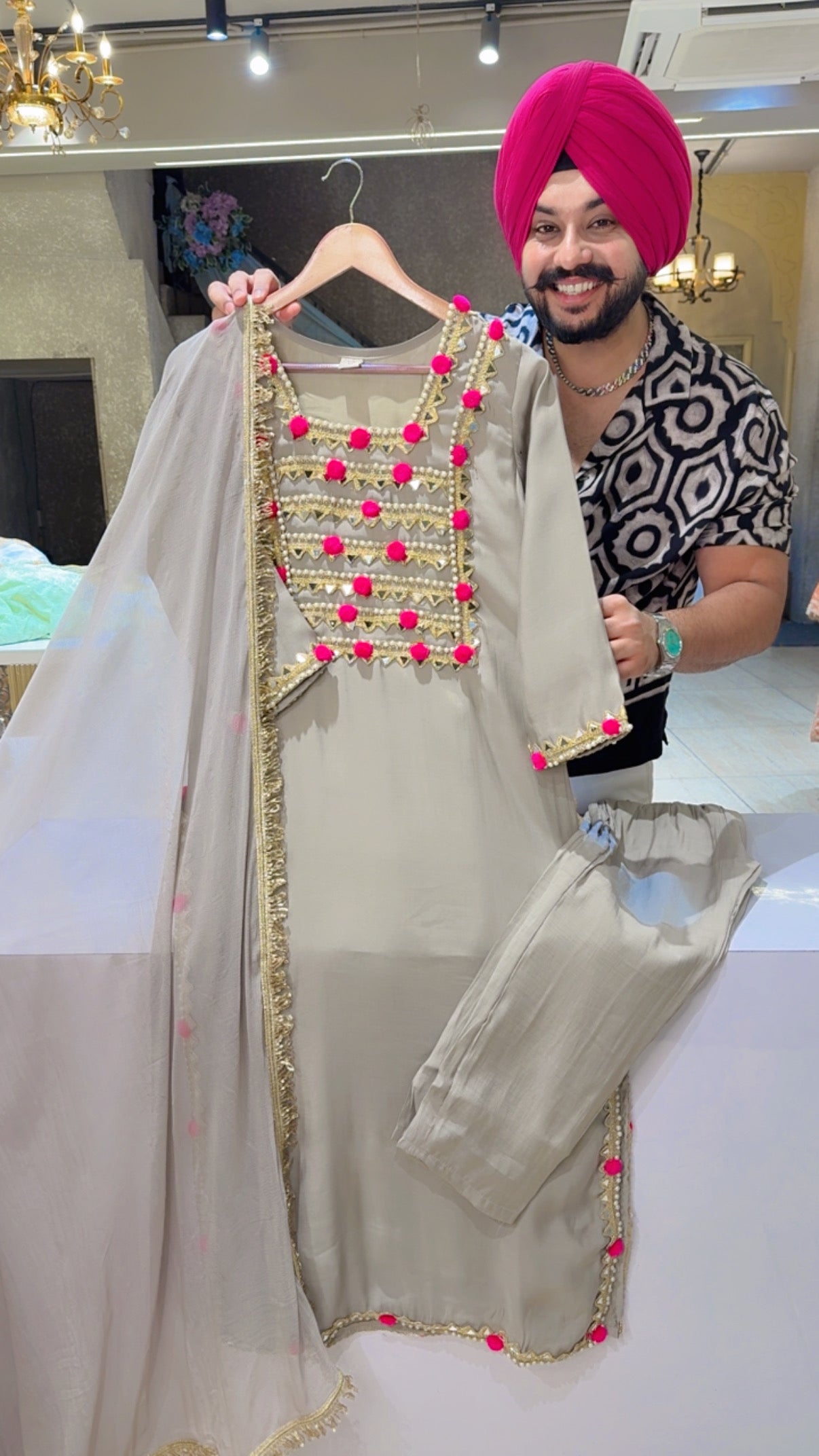English Grey Mal Chanderi Heavy Pearl ,Mirror & Pom Pom Long Length Party wear Straight Suit