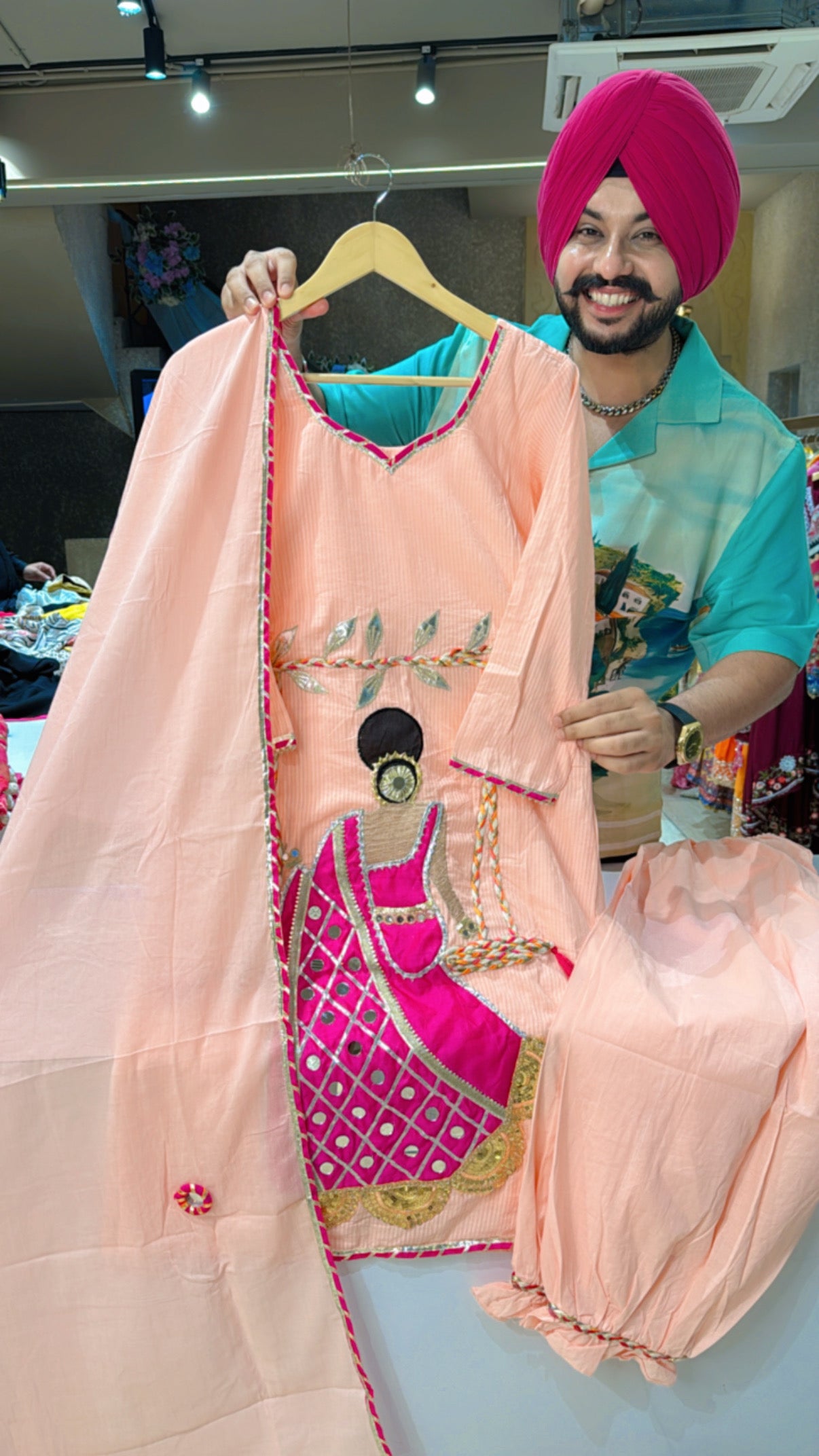 Peach Cotton Designer Doll Hand patch embroidered Pathani suit with Beautiful Duppata