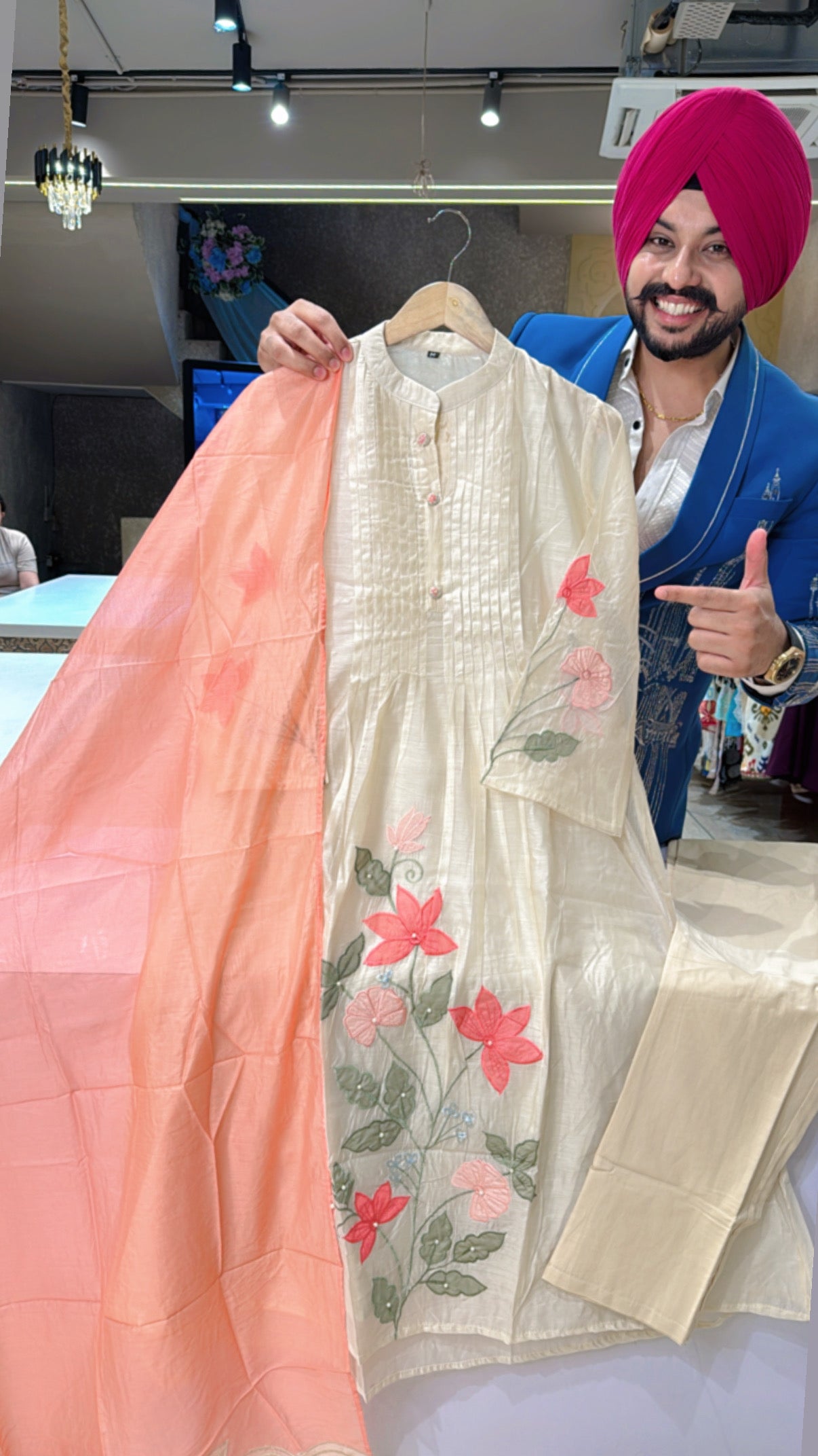 Light Beige & Peach Mal Chanderi Floral Embroidered A-line suit