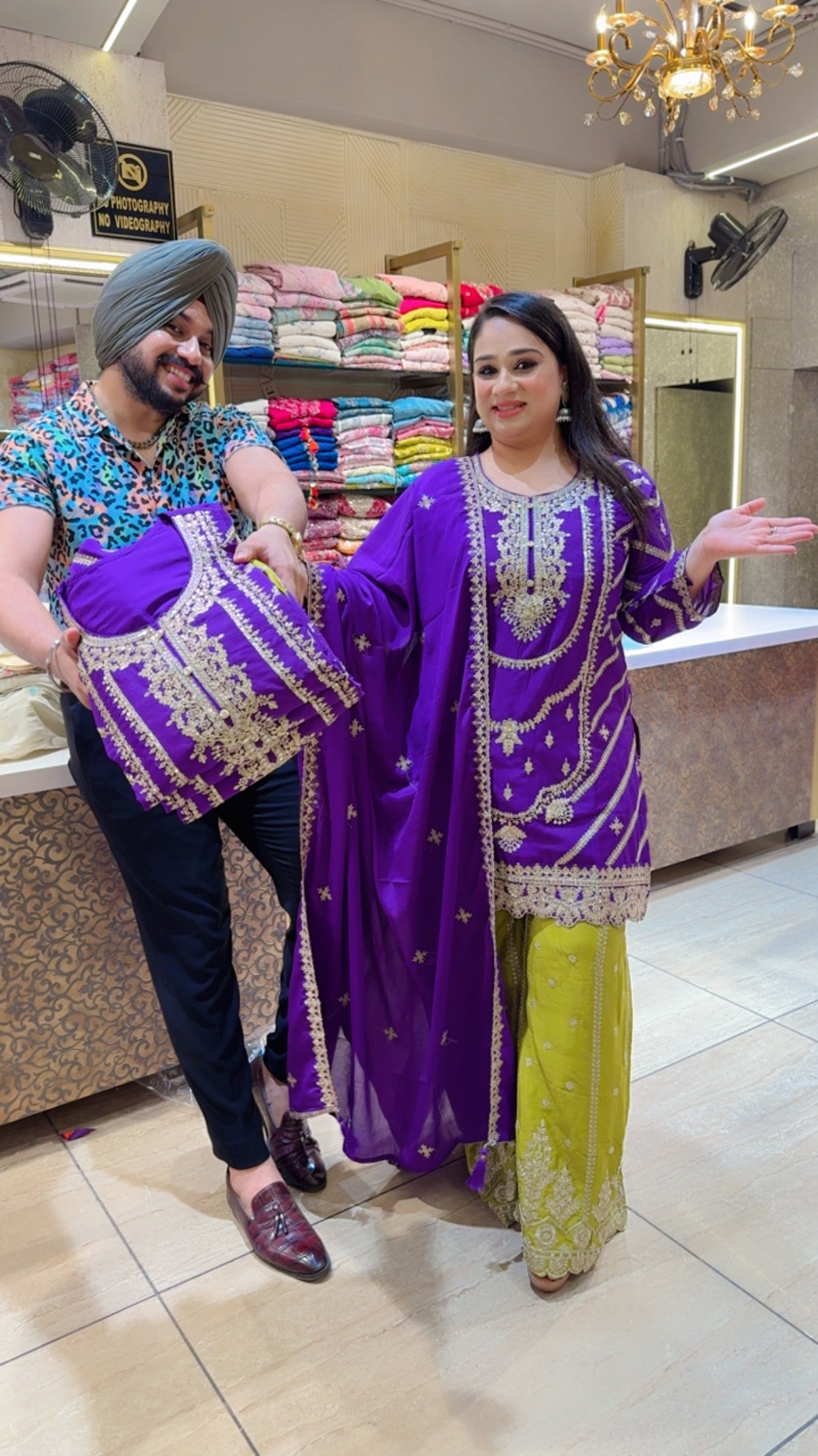 Purple & Green Chinon Heavy Embroidered Full Flair Party Wear Sharara suit