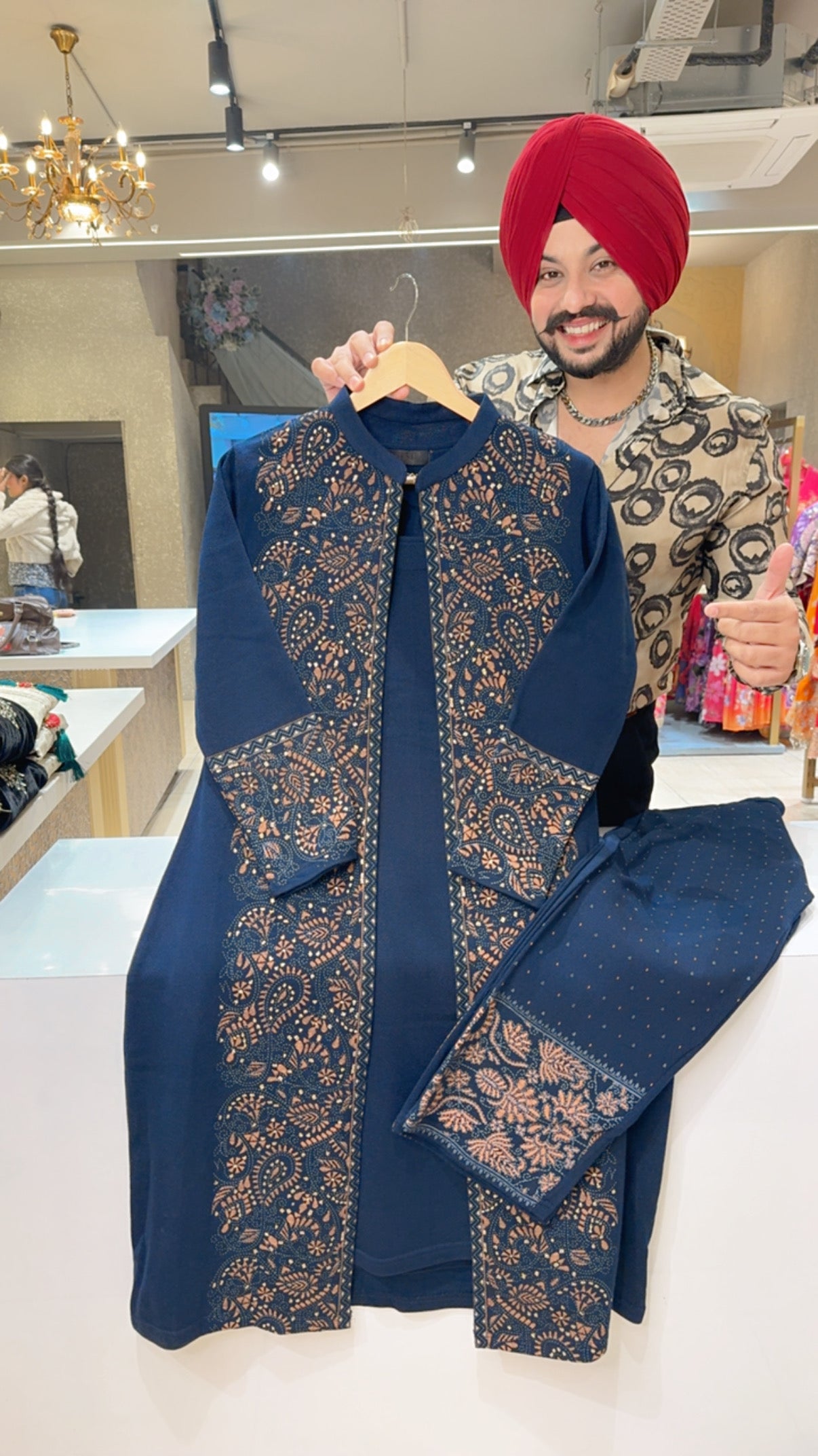 Dark Navy Woolen Long length Coord set With Beautiful Printed Shrug