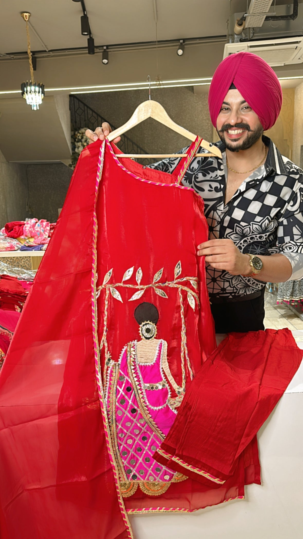 Deep Red doll Embroidered Off Shoulder Glass Shimmer Tissue Straight S