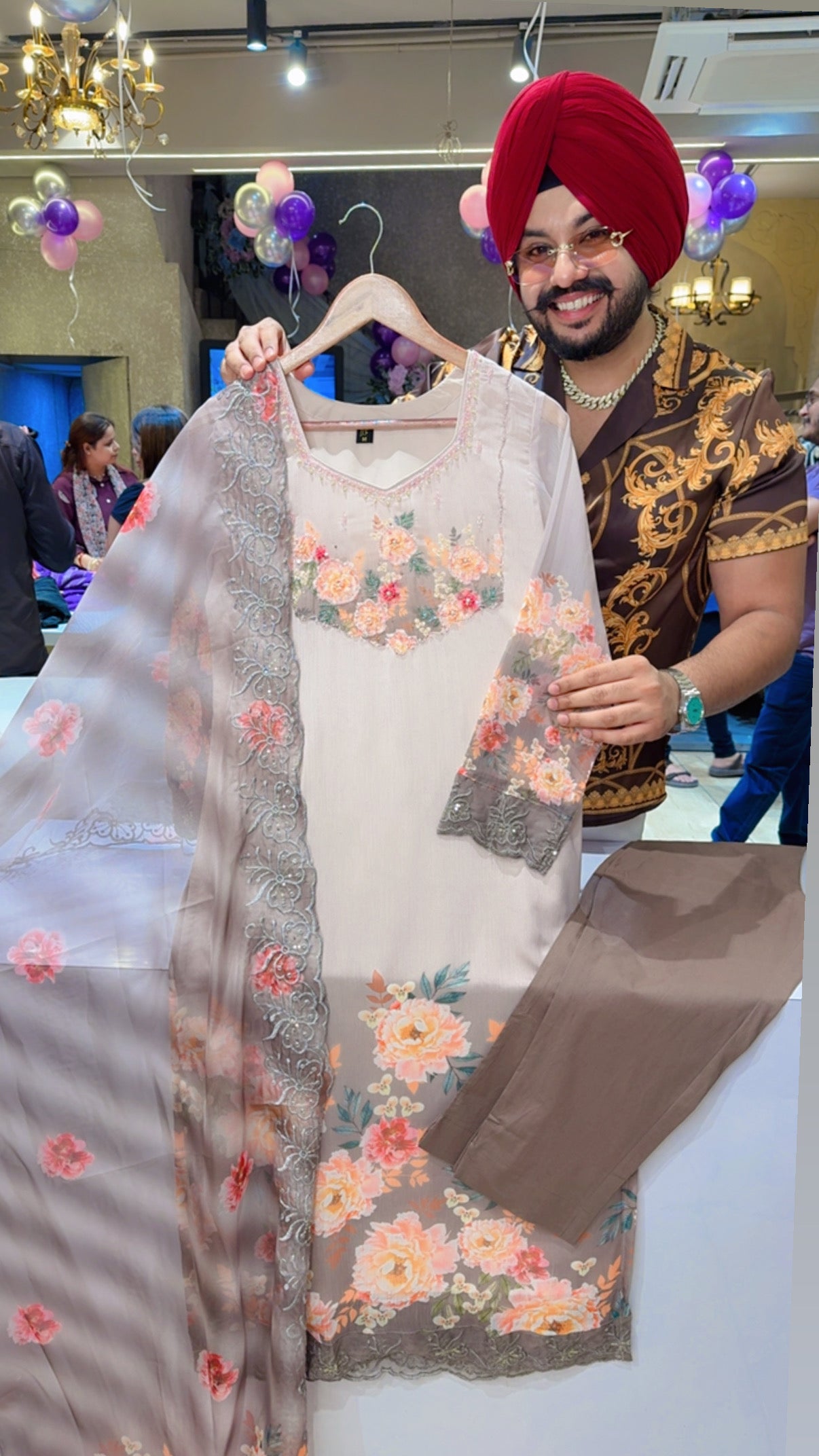 English Beige Soft Chiffon Floral Print Hand embroidered Suit with sequins Work Organza Duppata