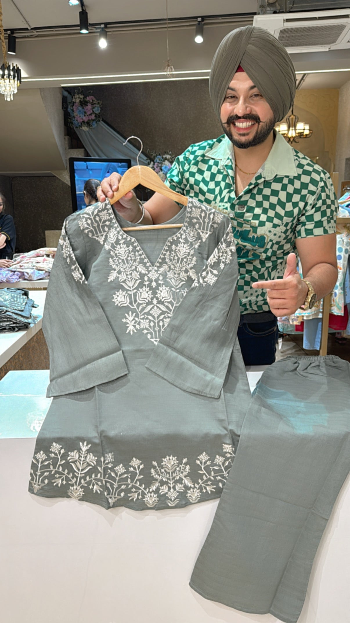 English grey Imported Silk Coord set with Beautiful Embroidery work on it