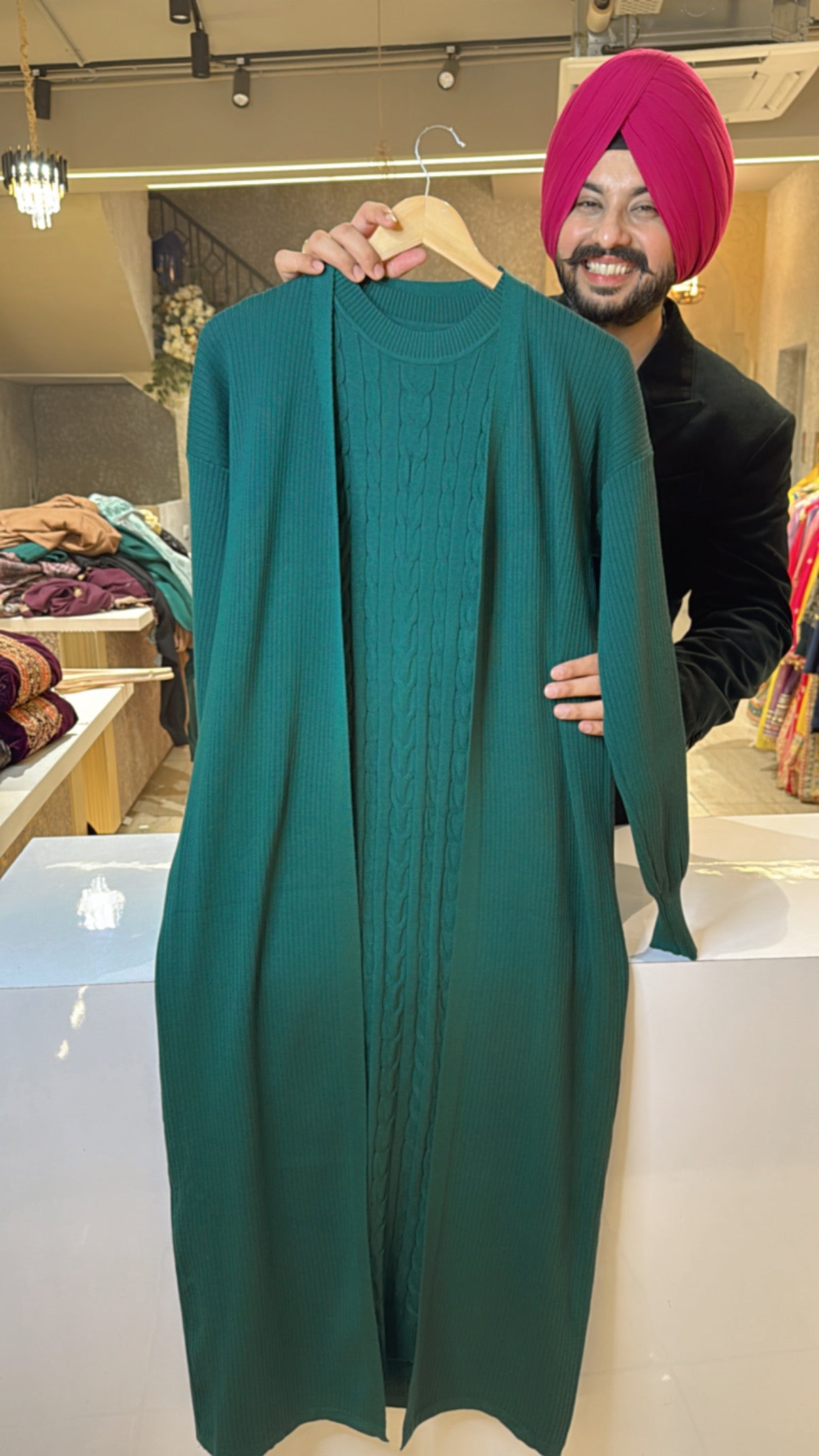 Green Imported Wool Western Dress with Woolen Shrug