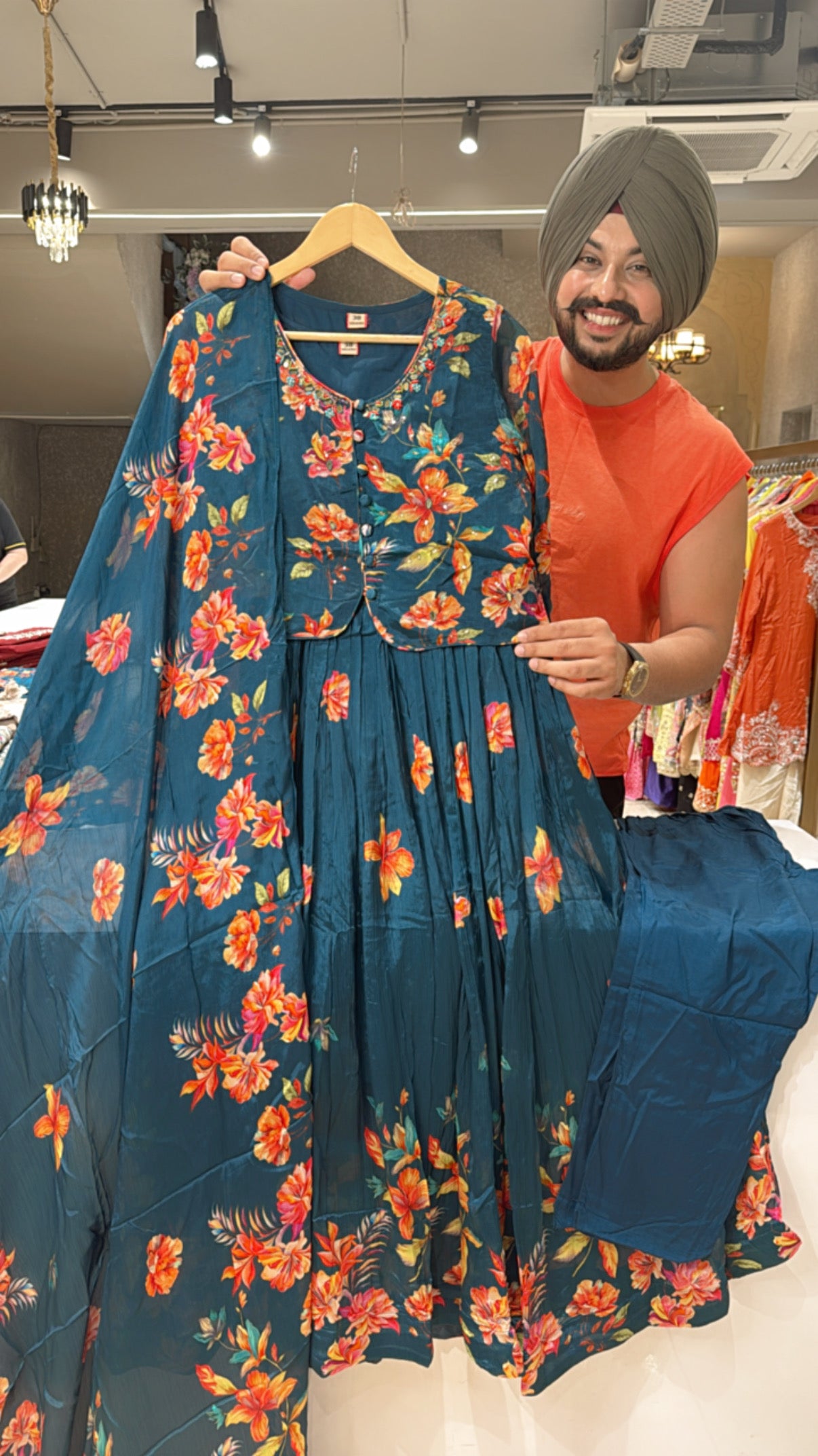 Peacock Chinon Floral Print Full Flair Anarkali Suit with Beautiful Embroidered Jacket