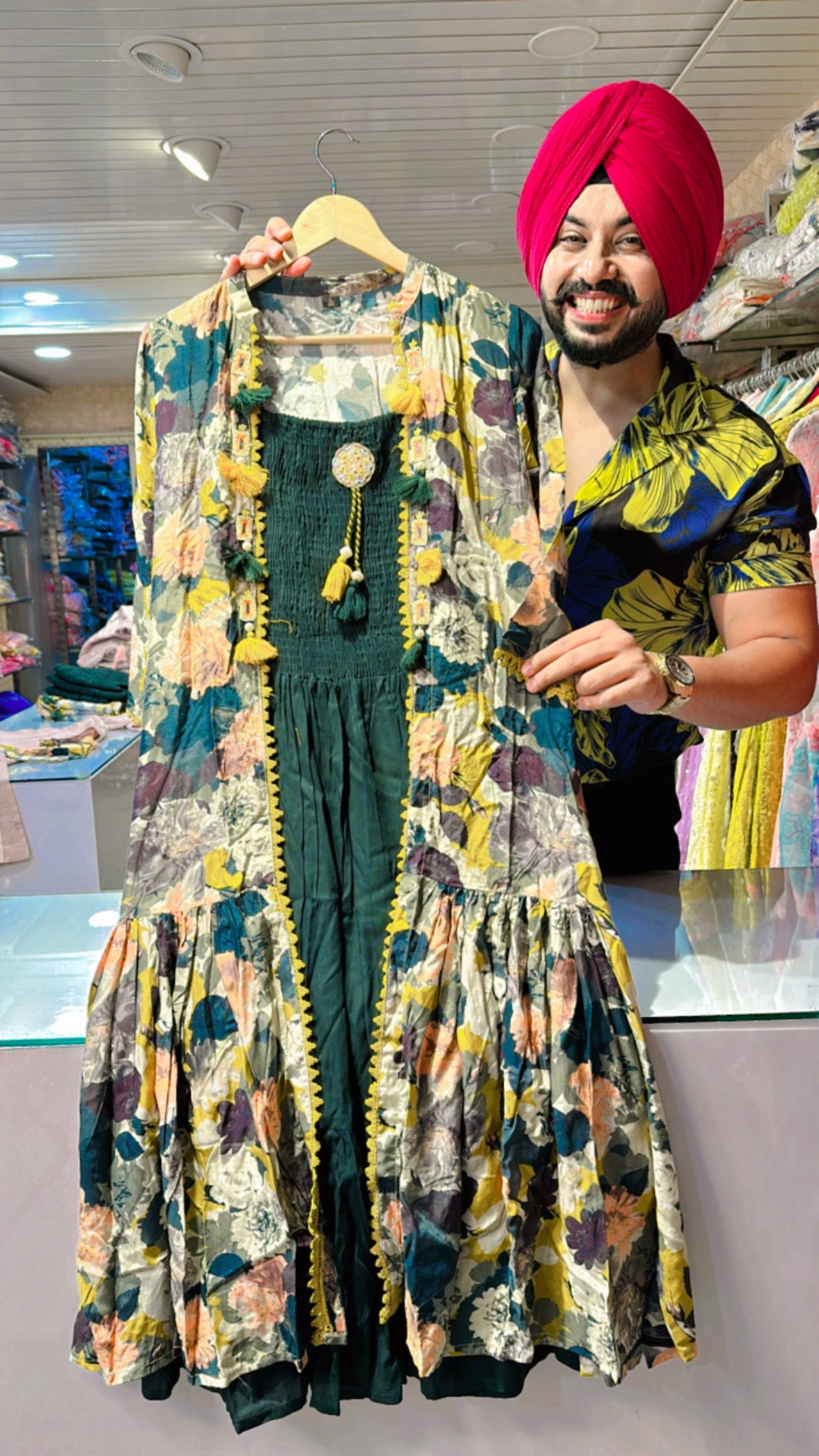 Bottle Green Indo western Dress with muslin Silk shrug