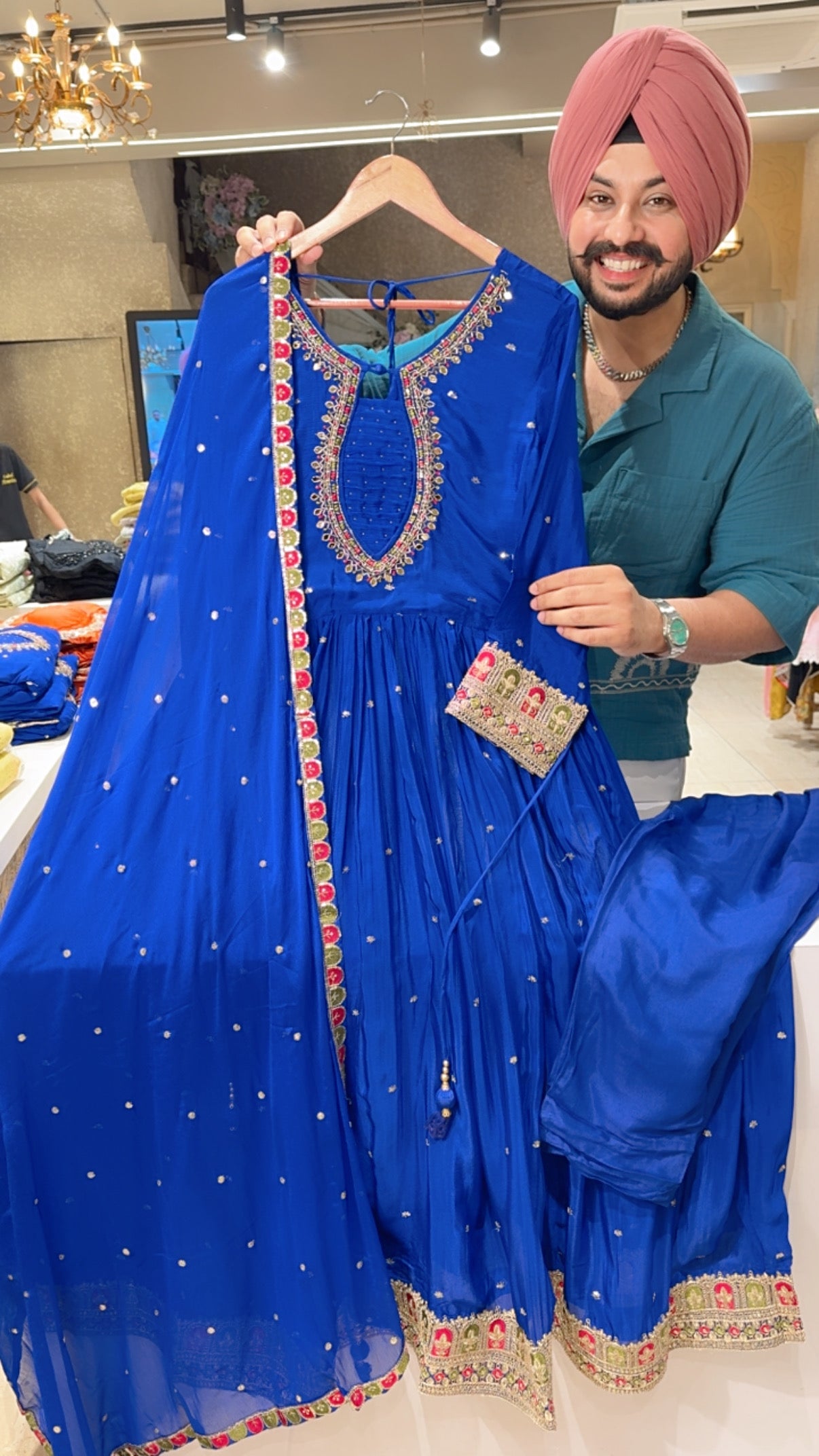 Royal Blue Chinon Hand embroidered Designer Neck Party Wear Anarkali Suit
