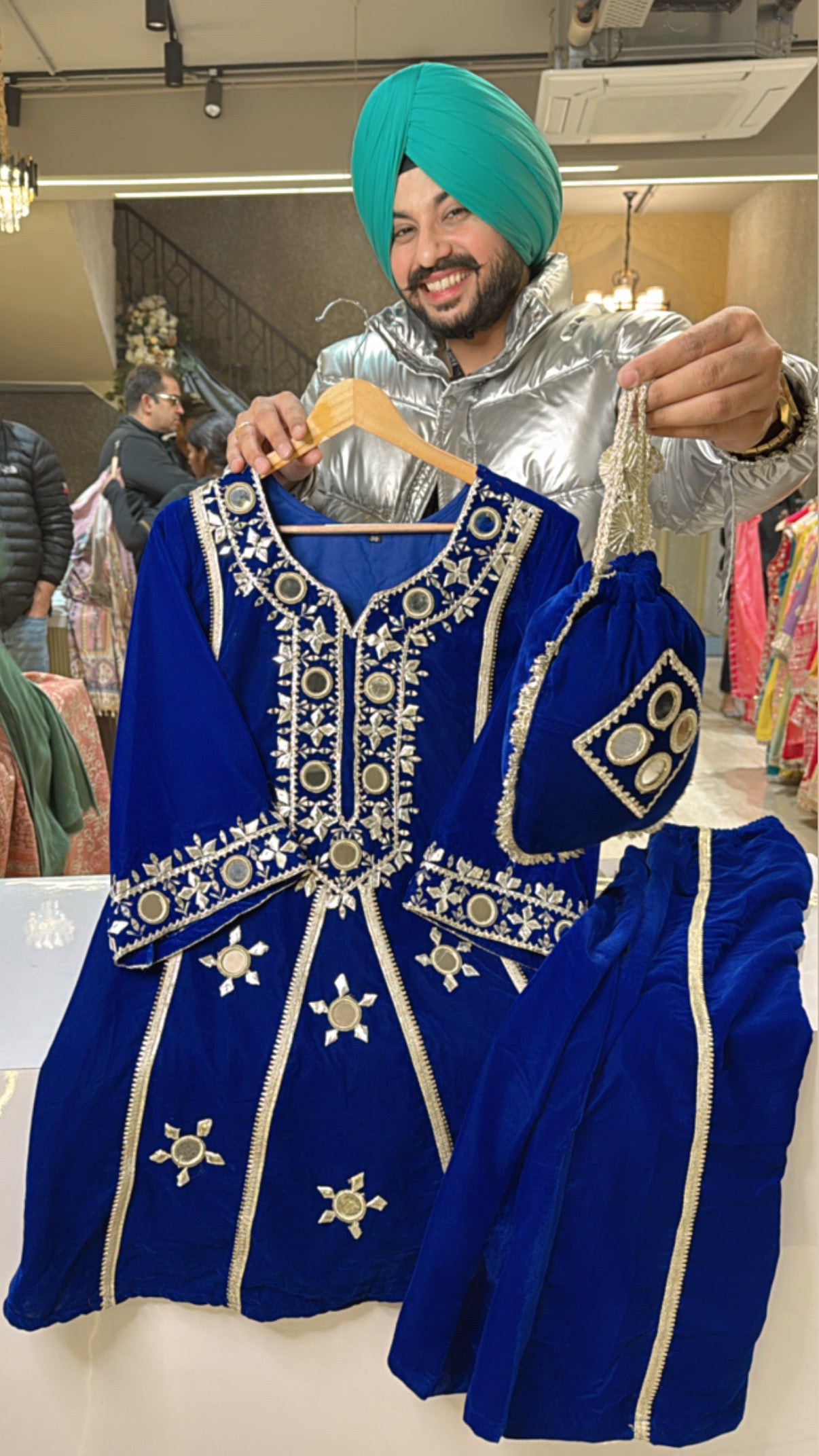 Vibrant Royal Blue Mirror work velvet Paplum Bell Bottom Coord set With Potli