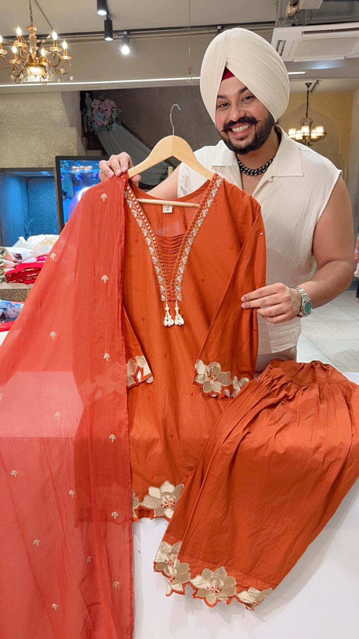 Rust Cotton Beautiful embroidered & Applique Work Farshi Salwar Semi Formal Suit with Beautiful Mal Cotton Duppata