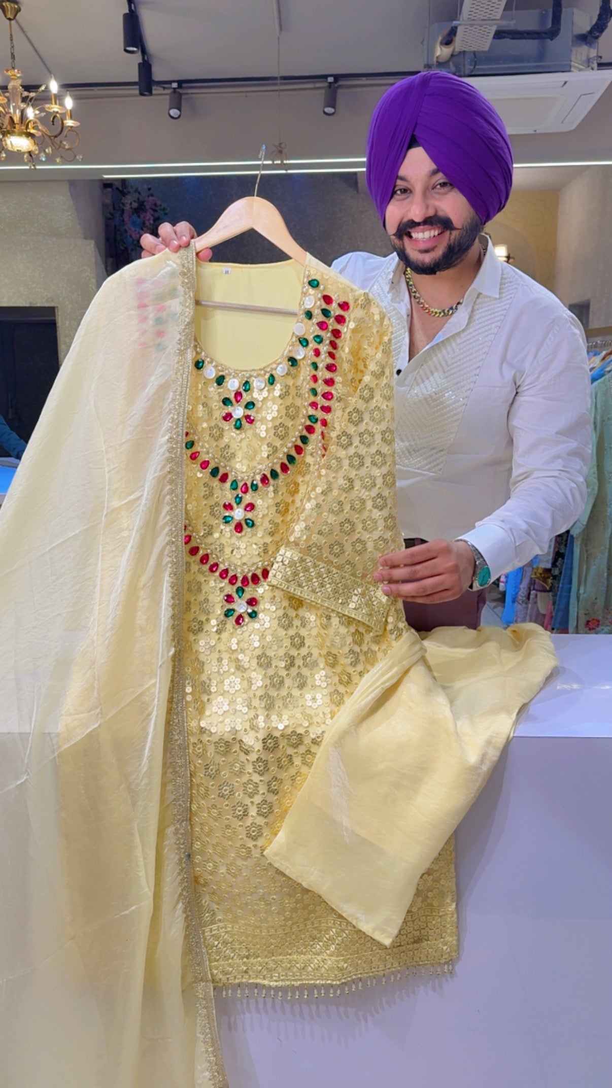 Lemon Crush Soft Organza Fully Sequins Work Straight Suit with Heavy Stone Work On the Maharani Neck