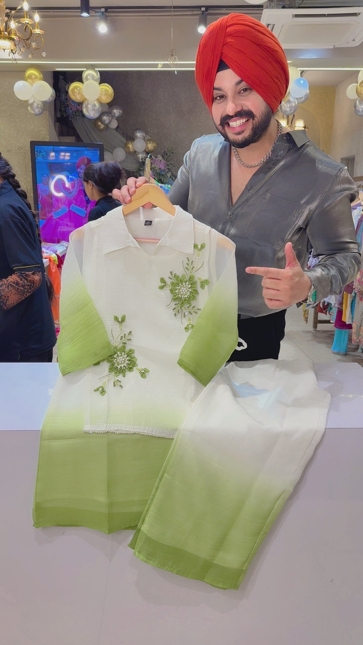Moonwhite & Green Crush Tissue Collar Neck Party Wear Coord set with Hand embroidered Side Knot Jacket