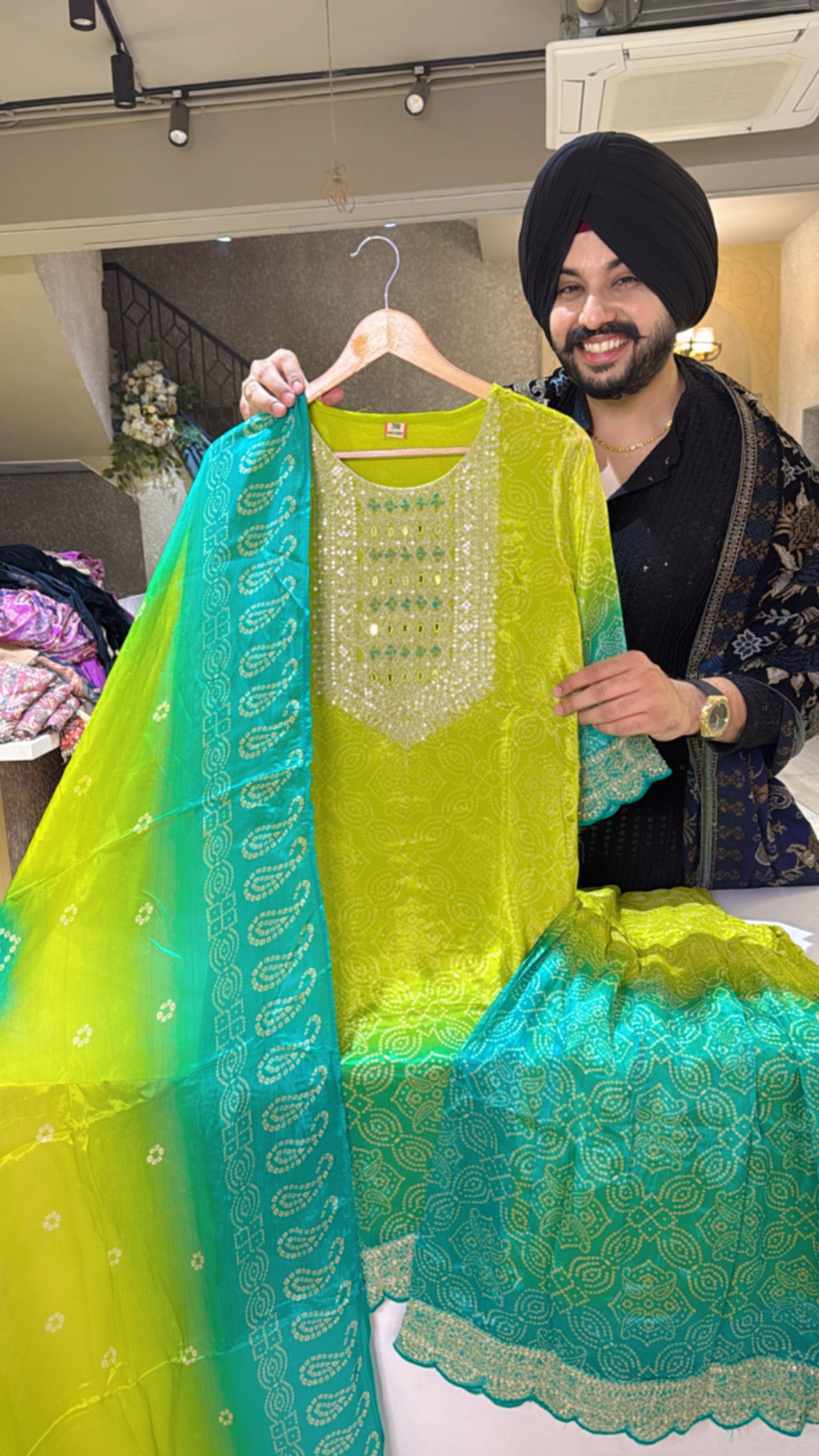 Lime & Green Chinon Bandhej Print embroidered Garara Suit with Beautiful Duppata